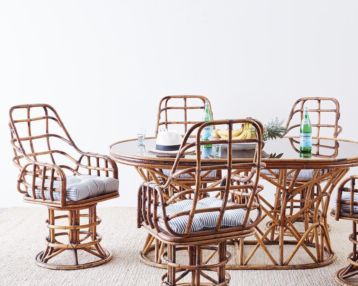 French Franco Albini Style Bamboo Rattan Swivel Lounge Chairs