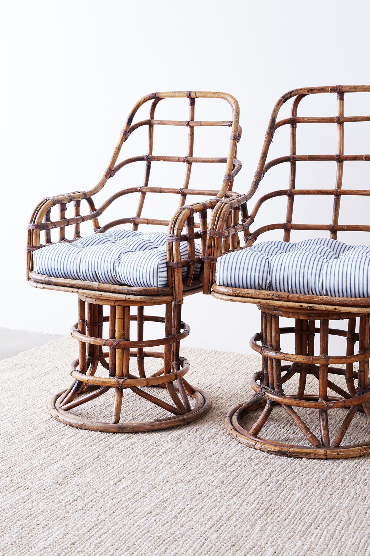 Franco Albini Style Bamboo Rattan Swivel Lounge Chairs In Distressed Condition In Rio Vista, CA