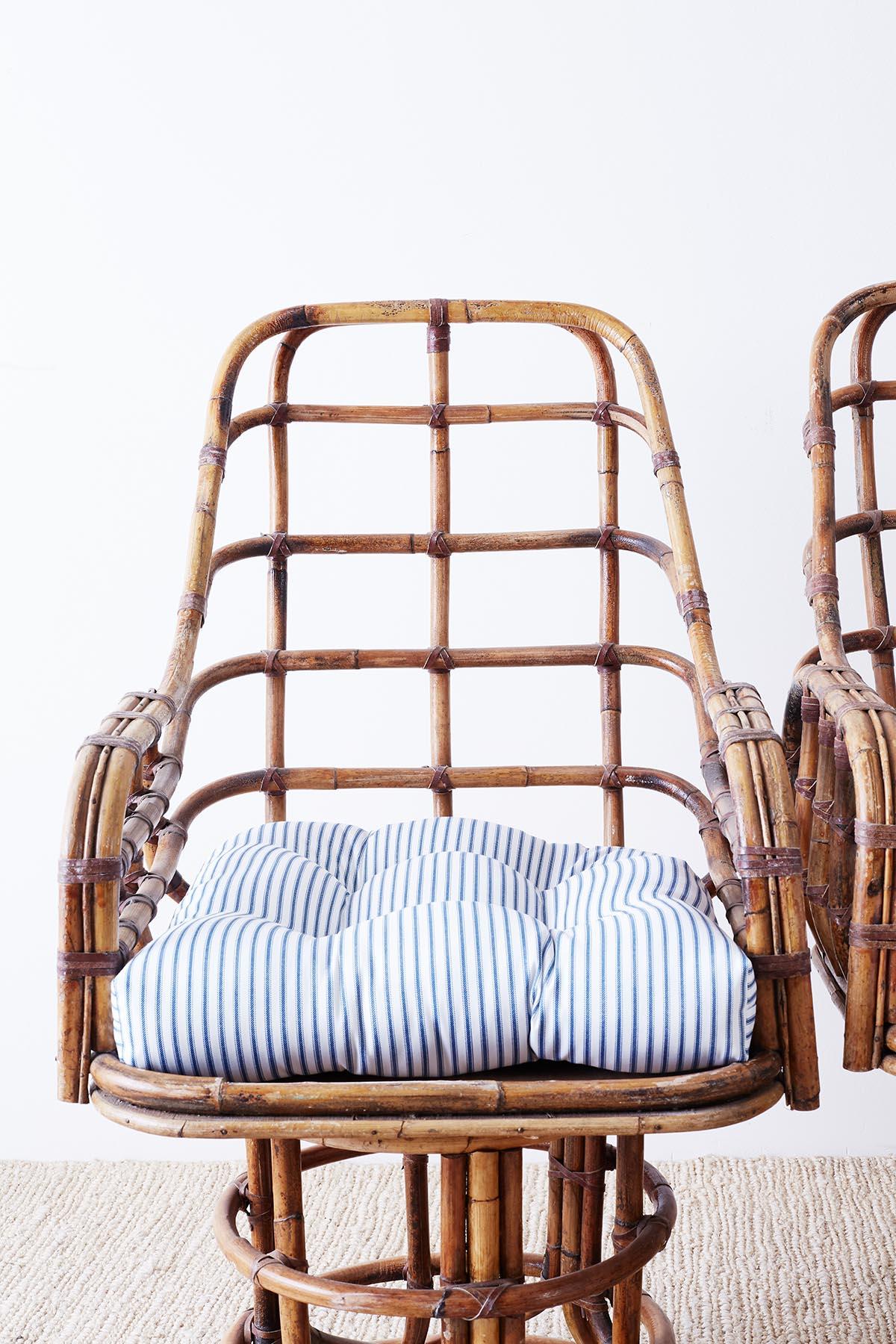 20th Century Franco Albini Style Bamboo Rattan Swivel Lounge Chairs