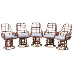 Franco Albini Style Bamboo Rattan Swivel Lounge Chairs