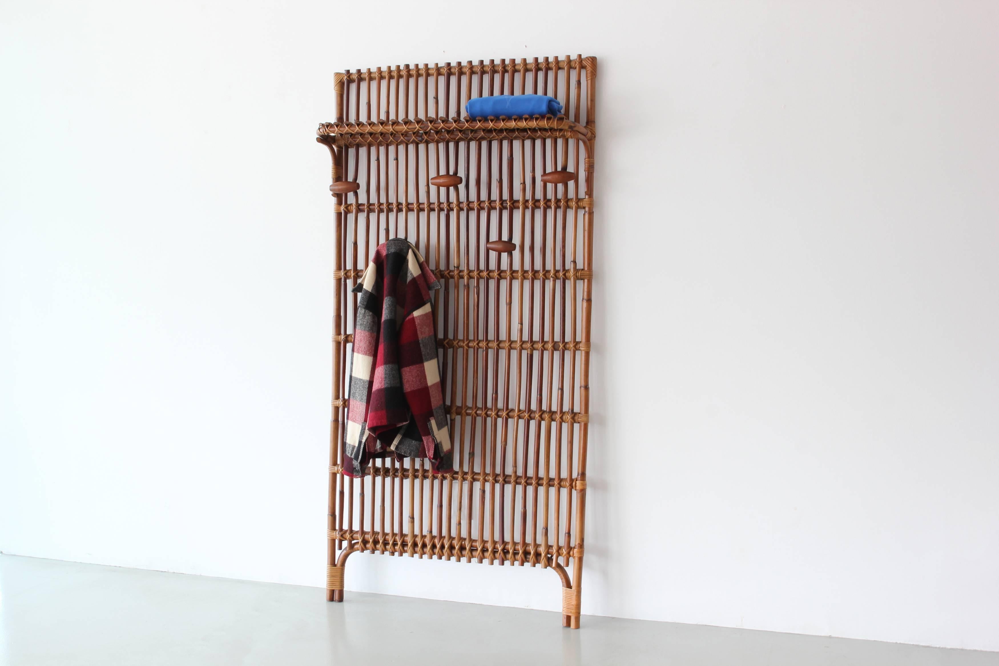 Italian rattan and bamboo coat rack in the style of Franco Albini.