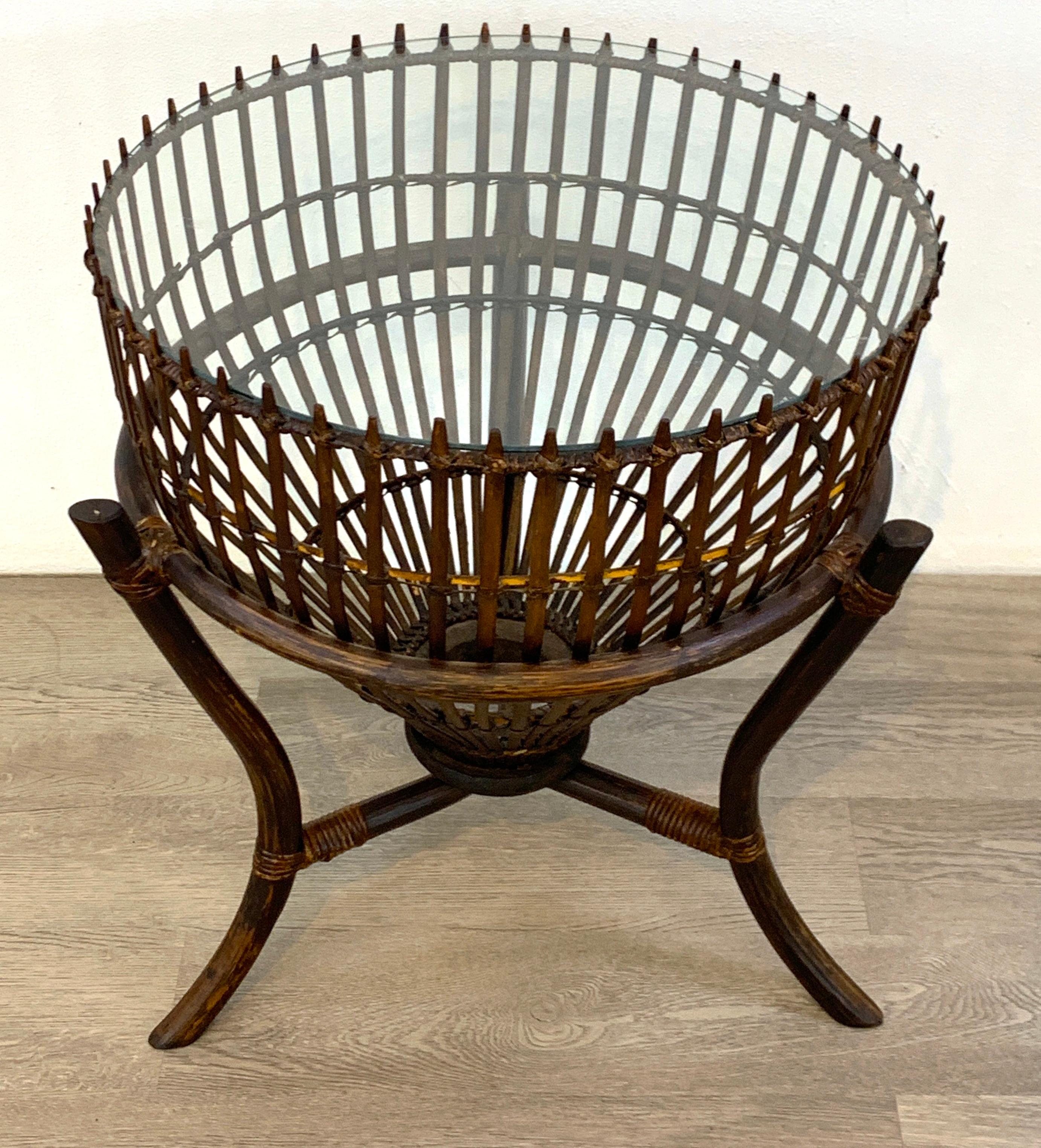 Franco Albini style fish trap rattan and glass side table, restored
With removable 19.75 