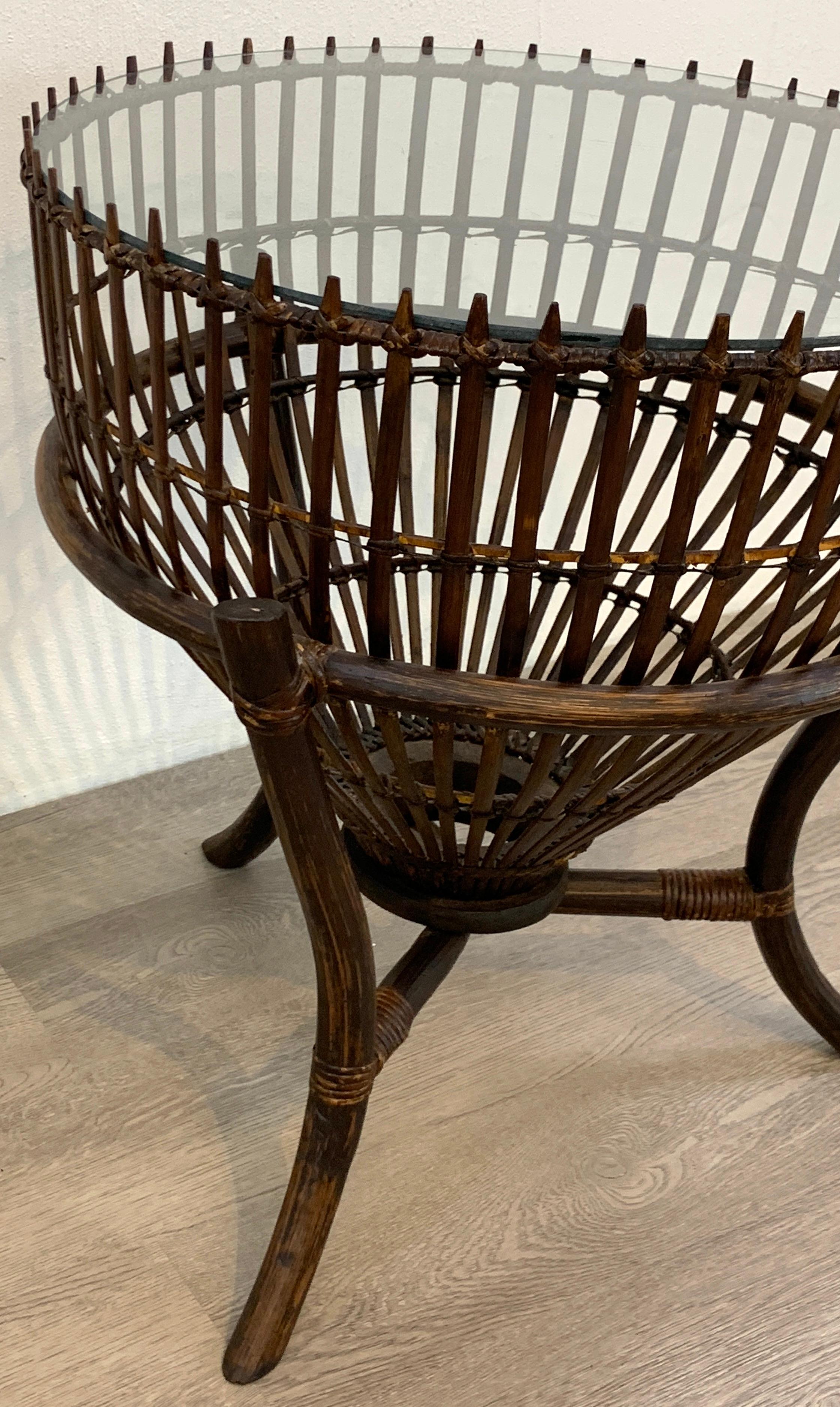 Mid-Century Modern Franco Albini Style Fish Trap Rattan and Glass Side Table, Restored