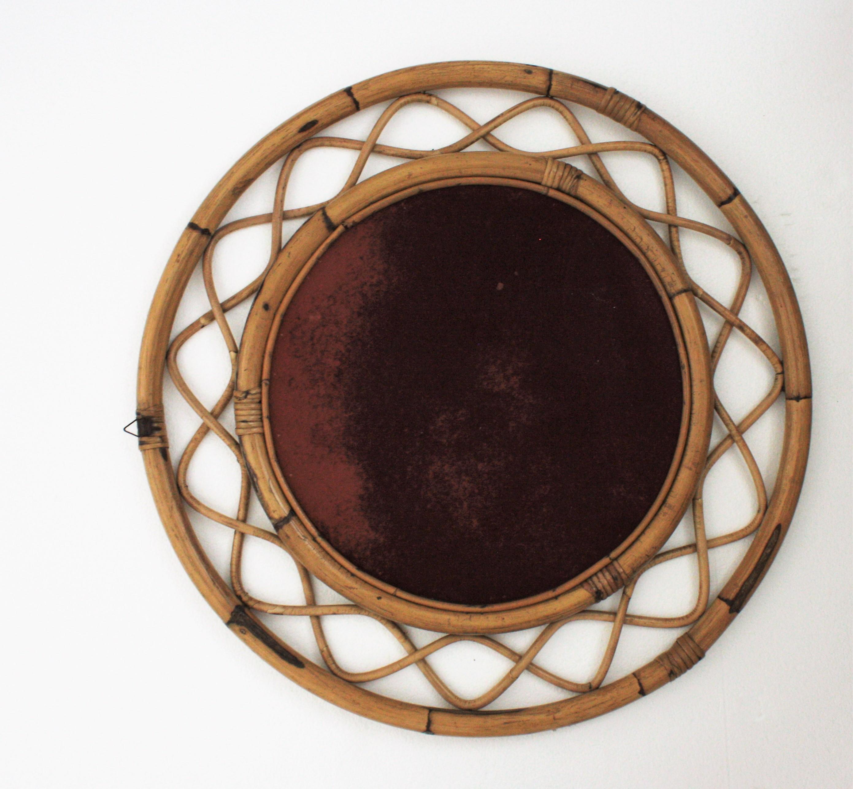 Franco Albini Style French Modern Bamboo and Rattan Round Wall Mirror, 1960s 2