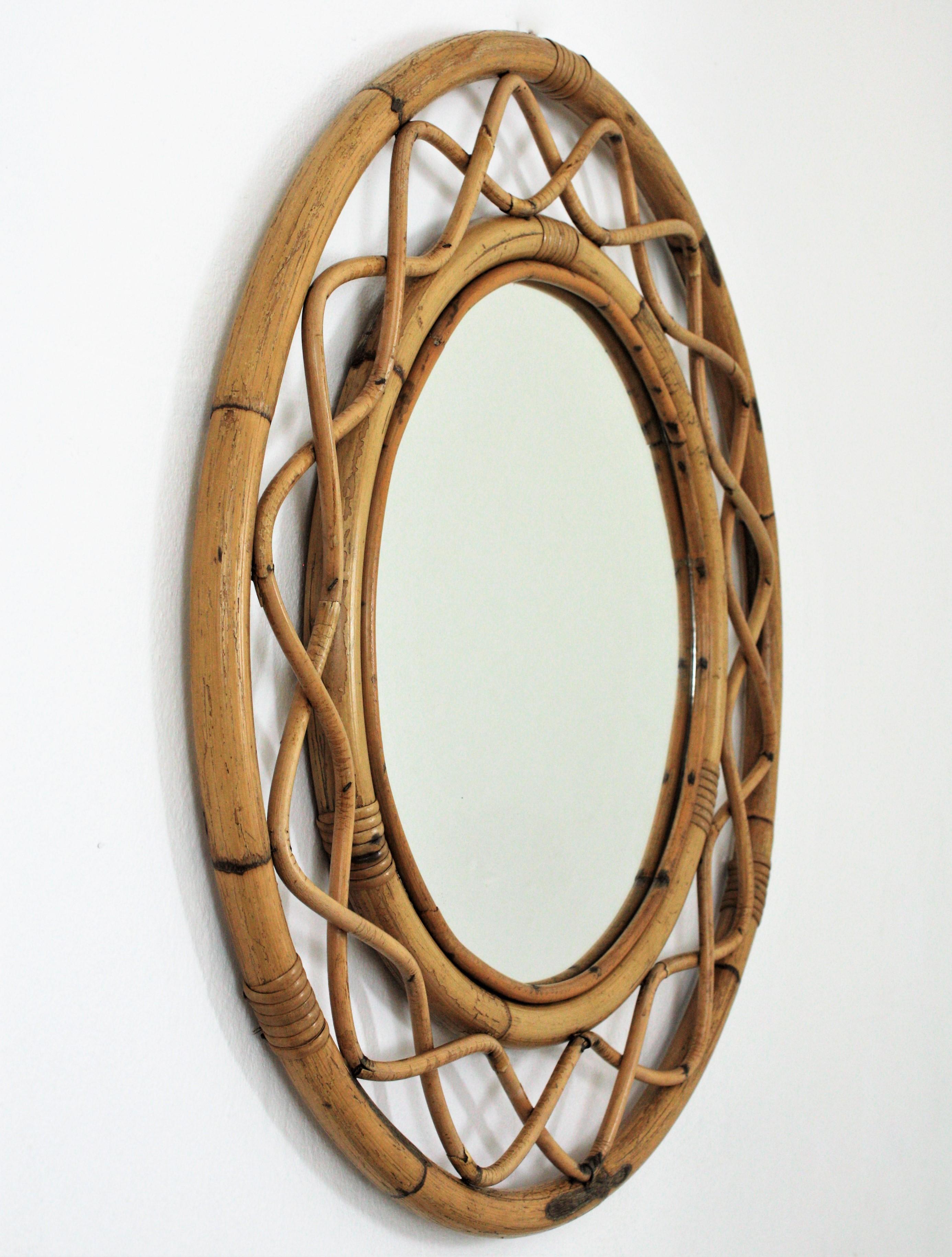 Mid-Century Modern Franco Albini Style French Modern Bamboo and Rattan Round Wall Mirror, 1960s