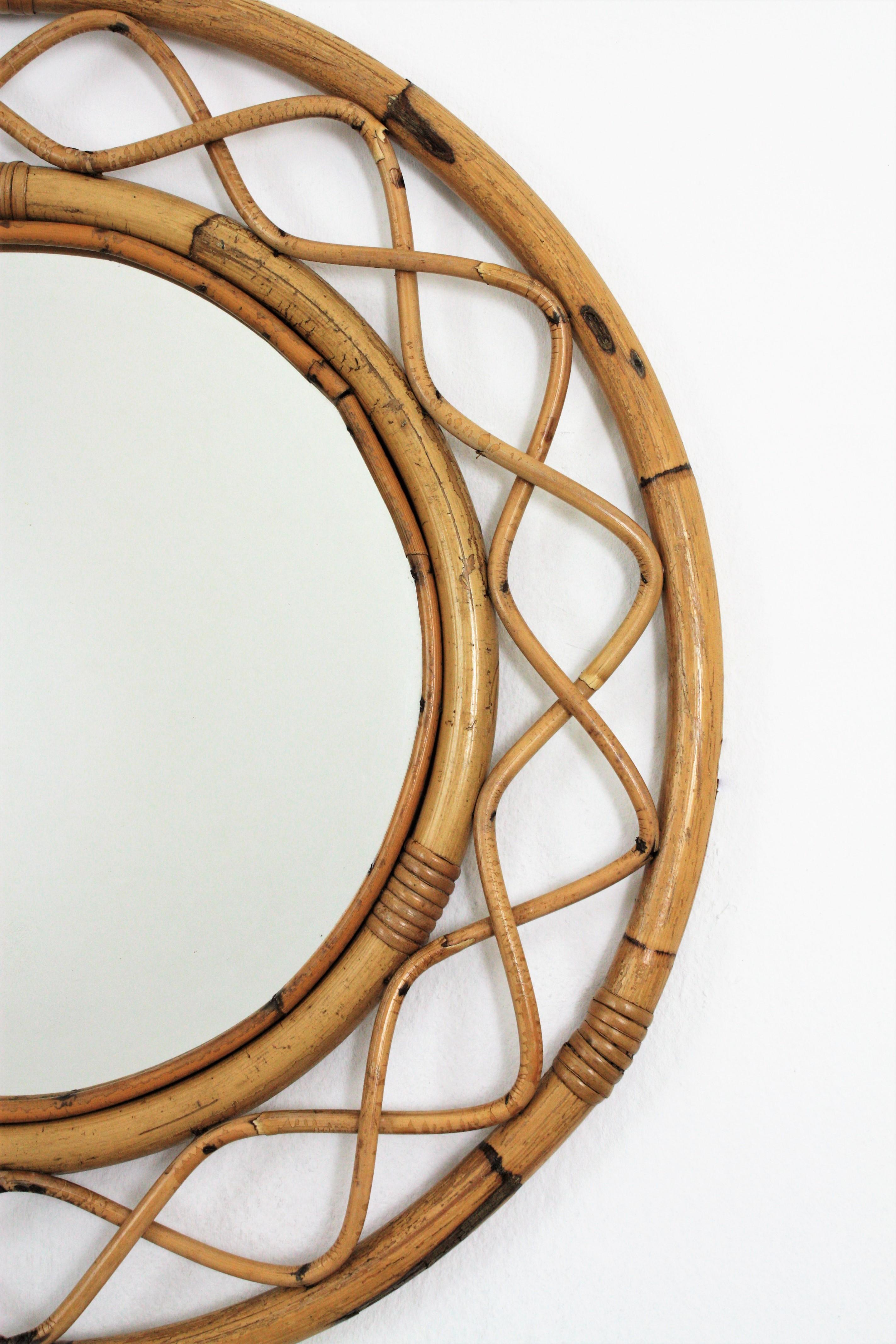 20th Century Franco Albini Style French Modern Bamboo and Rattan Round Wall Mirror, 1960s