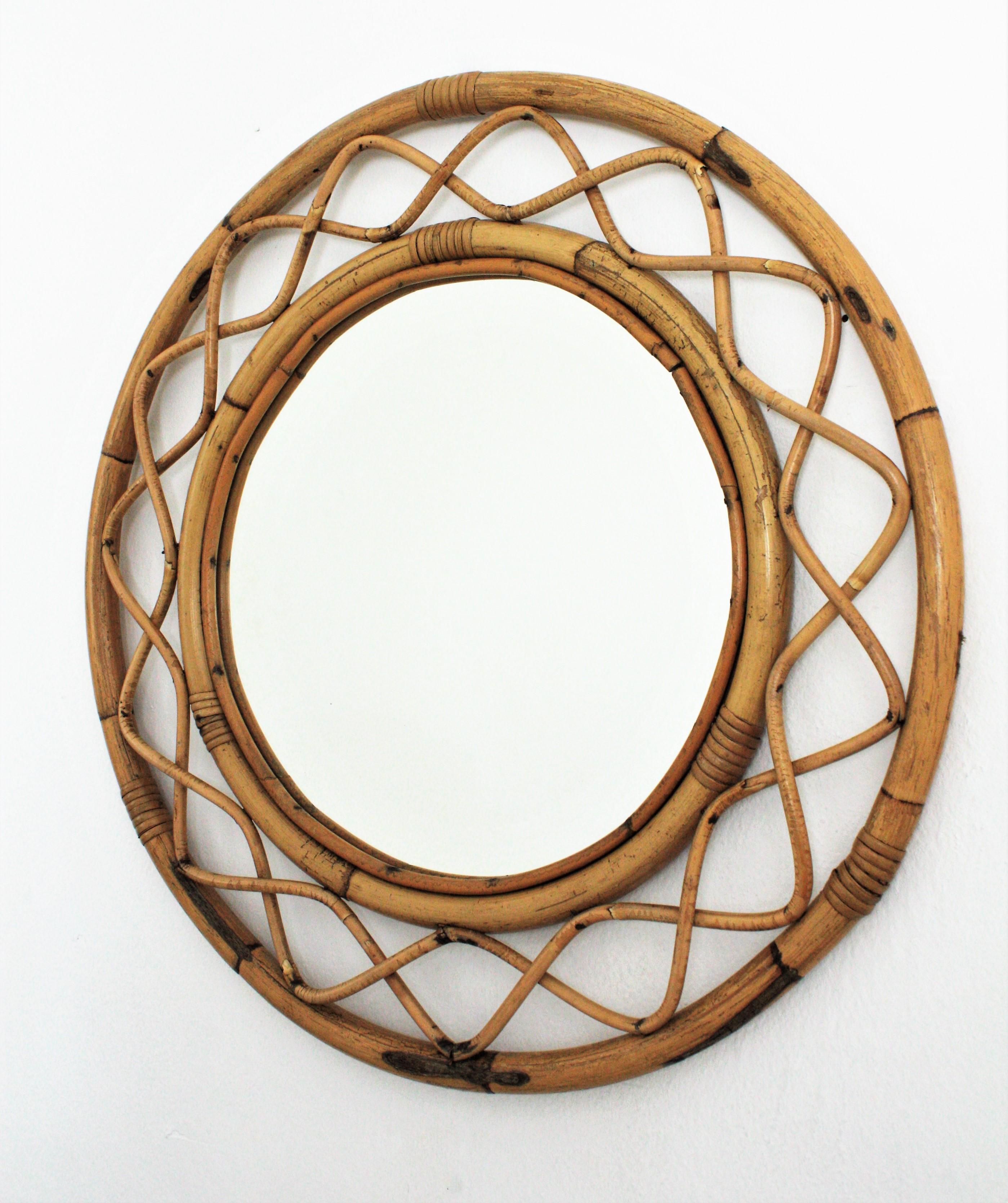 Franco Albini Style French Modern Bamboo and Rattan Round Wall Mirror, 1960s 1
