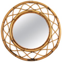 Franco Albini Style French Modern Bamboo and Rattan Round Wall Mirror, 1960s