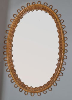Franco Albini Style Handcrafted Vintage Oval Bent Burnt Bamboo Wall Mirror Italy