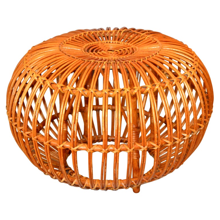 Franco Albini Style Handwoven Rattan / Wicker Ottoman, Pouf, Footstool