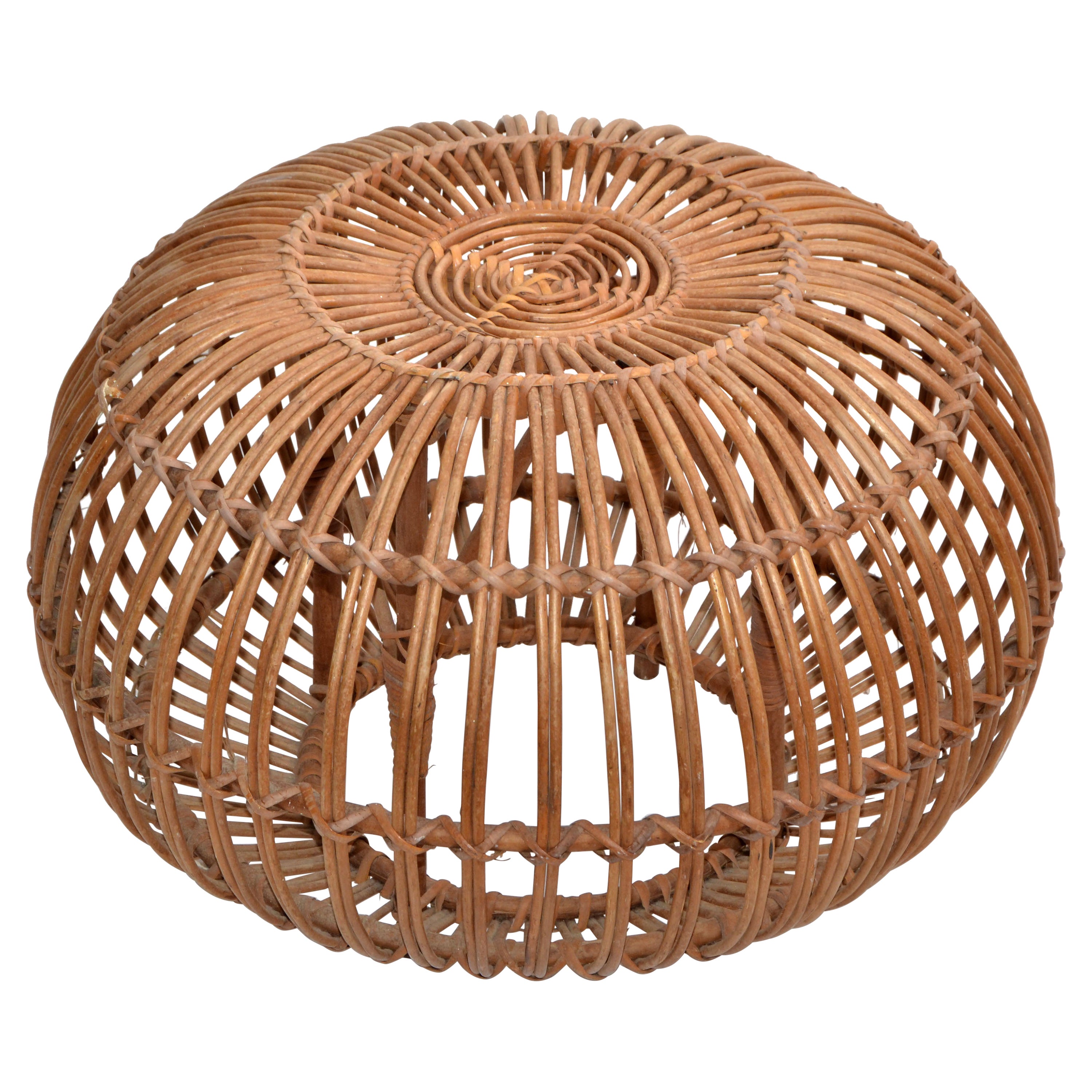 Franco Albini Style Handwoven Rattan / Wicker Ottoman, Pouf, Footstool, Italy