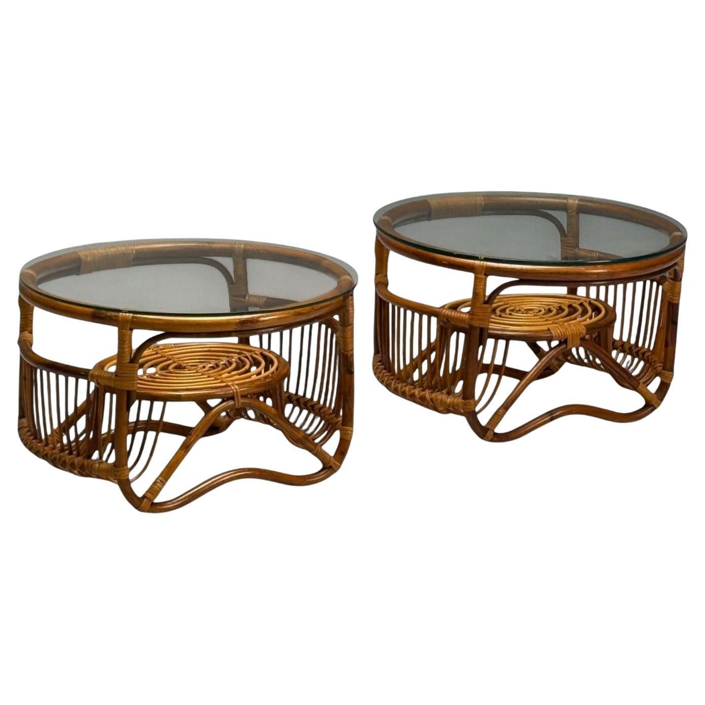 Franco Albini Style, Italian Mid-Century Modern, Side Tables, Bamboo, Rattan