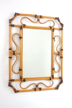 Specchio ottagonale in rattan di grandi dimensioni in stile Franco Albini, Italia anni '1960