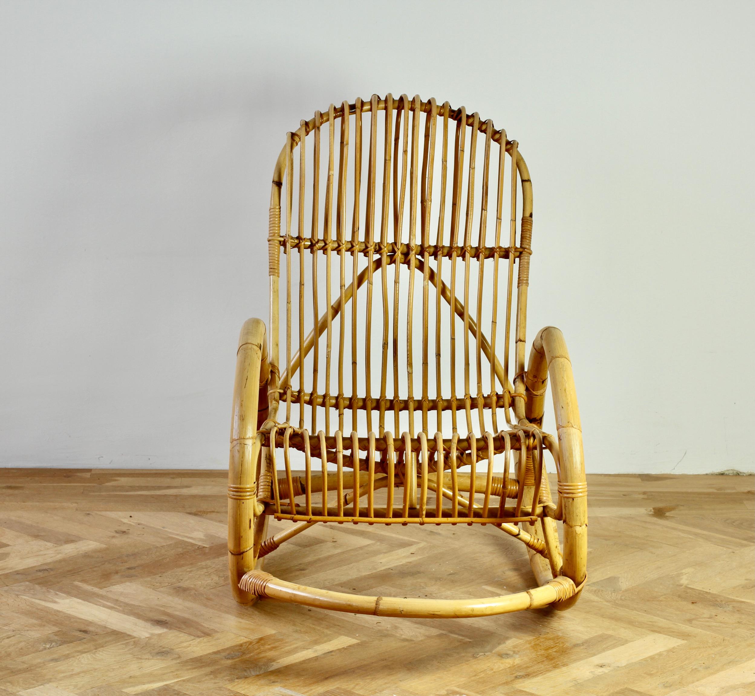Franco Albini Style Mid-Century Bent Bamboo and Rattan Rocking Lounge Chair For Sale 6