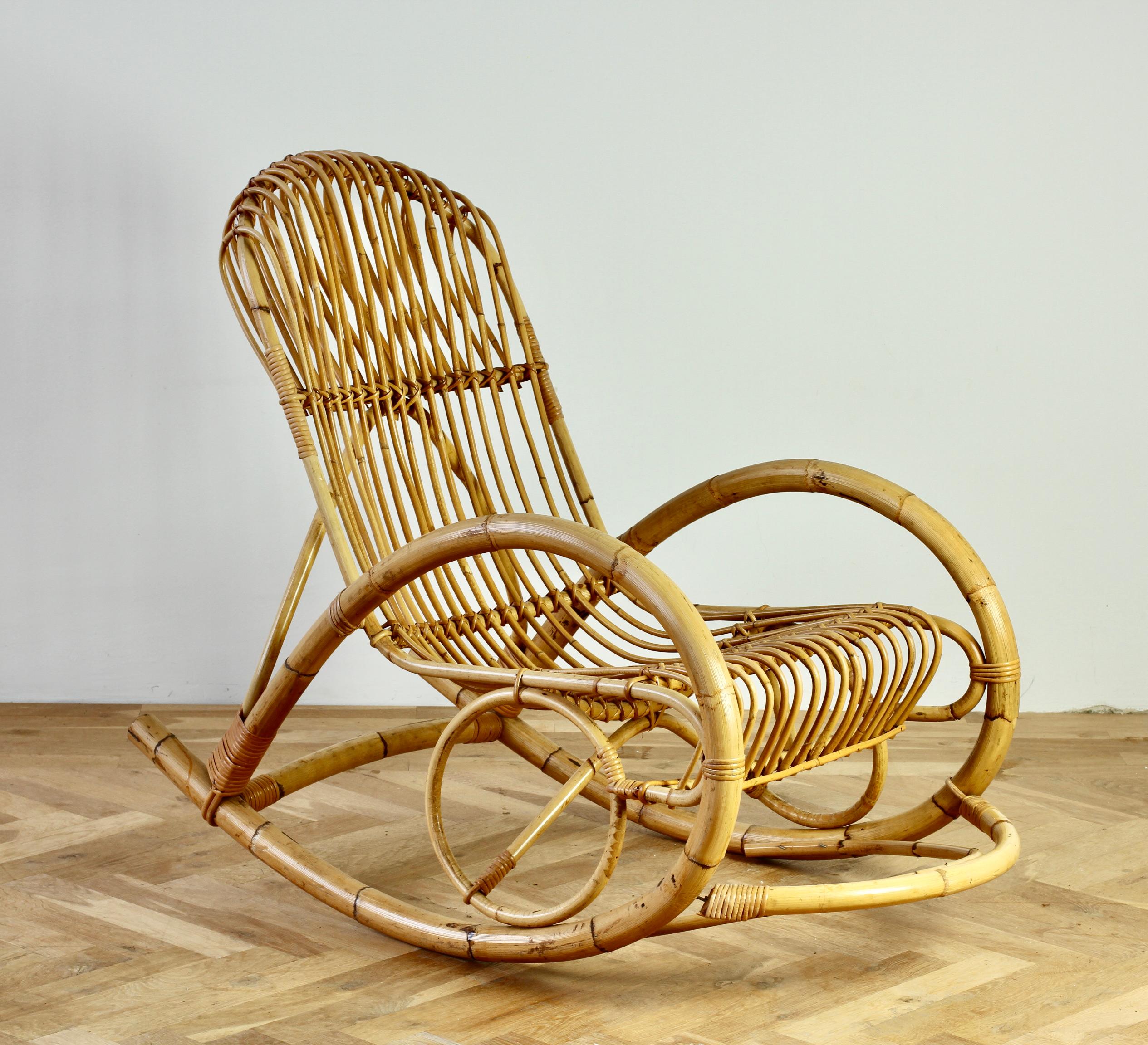 Franco Albini Style Mid-Century Bent Bamboo and Rattan Rocking Lounge Chair For Sale 7