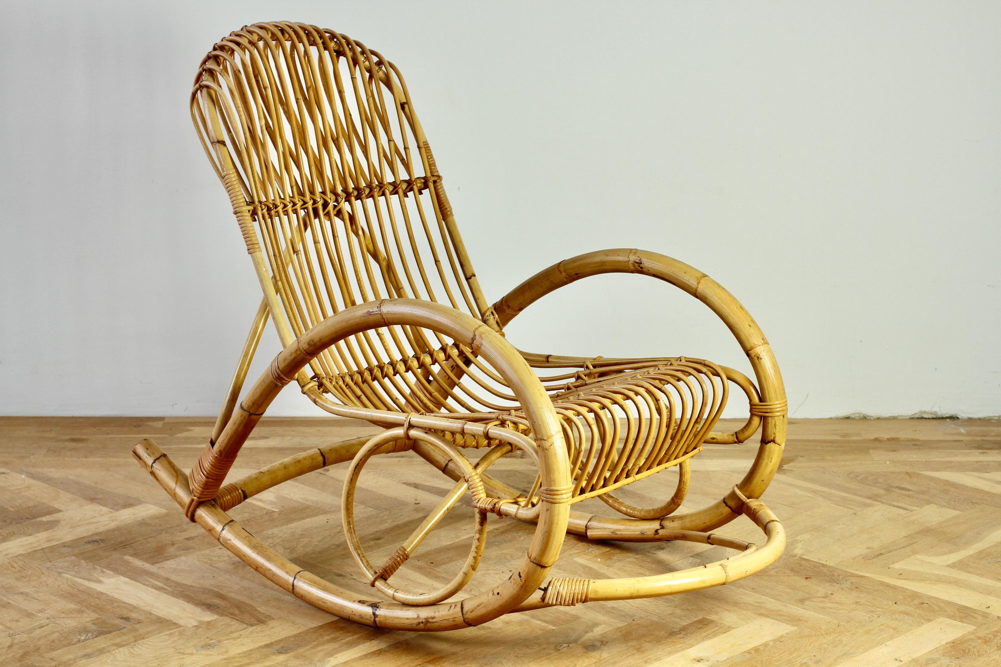 Franco Albini Style Mid-Century Bent Bamboo and Rattan Rocking Lounge Chair For Sale 8