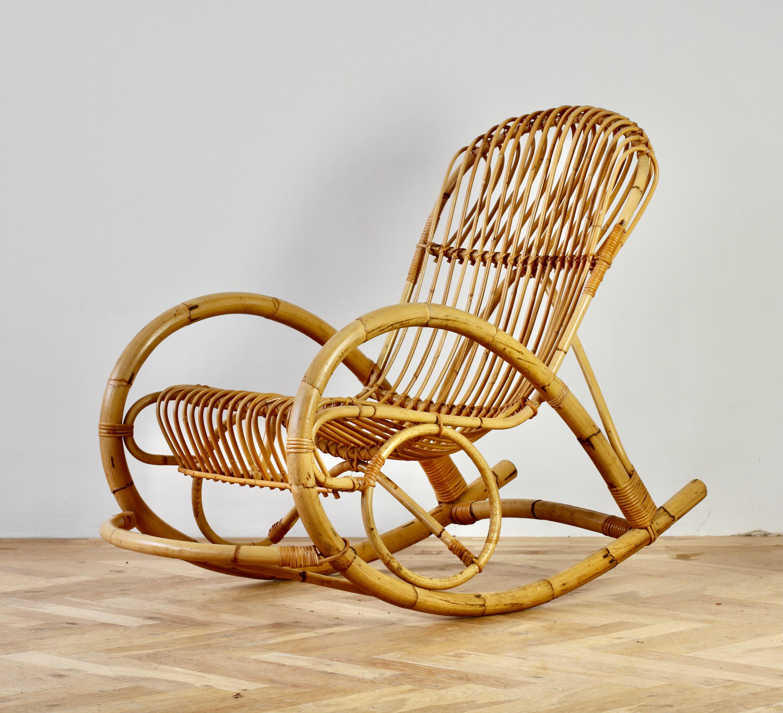 Franco Albini style vintage mid-century bent bamboo & rattan high backed rocking or lounge chair. Beautiful design - very 1960s / 1970s and would make a lovely addition to any home, particularly any with the Boho, Scandinavian Modern or Mid-Century