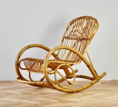Franco Albini Style Mid-Century Bent Bamboo and Rattan Rocking Lounge Chair