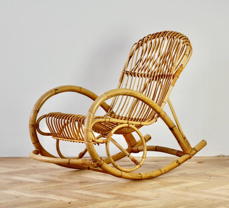 Franco Albini Style Mid-Century Bent Bamboo and Rattan Rocking