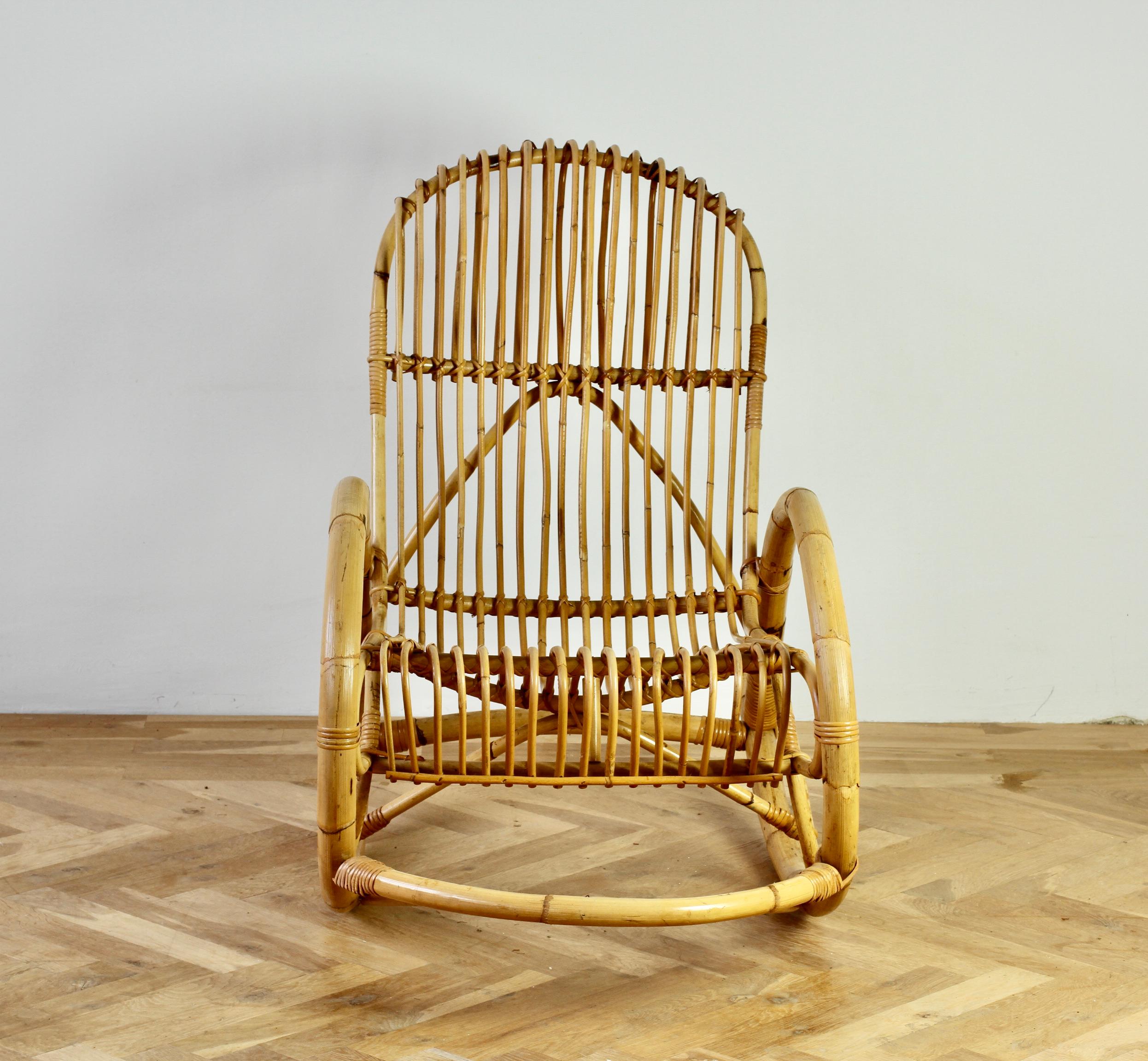 Woven Franco Albini Style Mid-Century Bent Bamboo and Rattan Rocking Lounge Chair For Sale