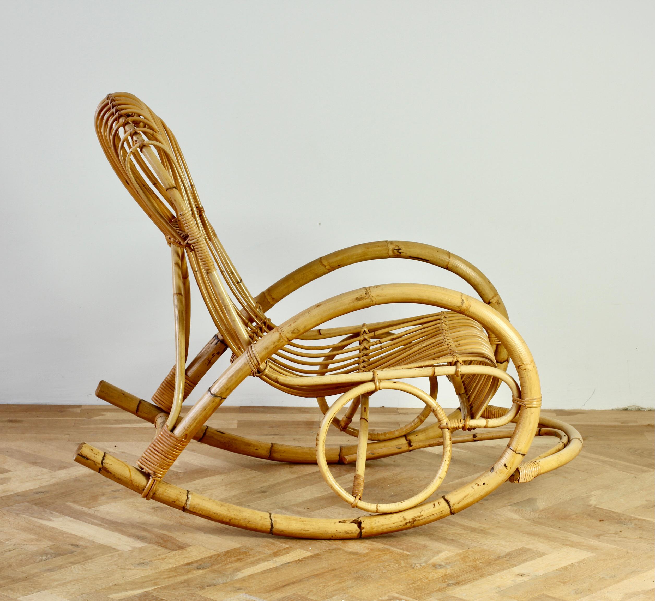 20th Century Franco Albini Style Mid-Century Bent Bamboo and Rattan Rocking Lounge Chair For Sale