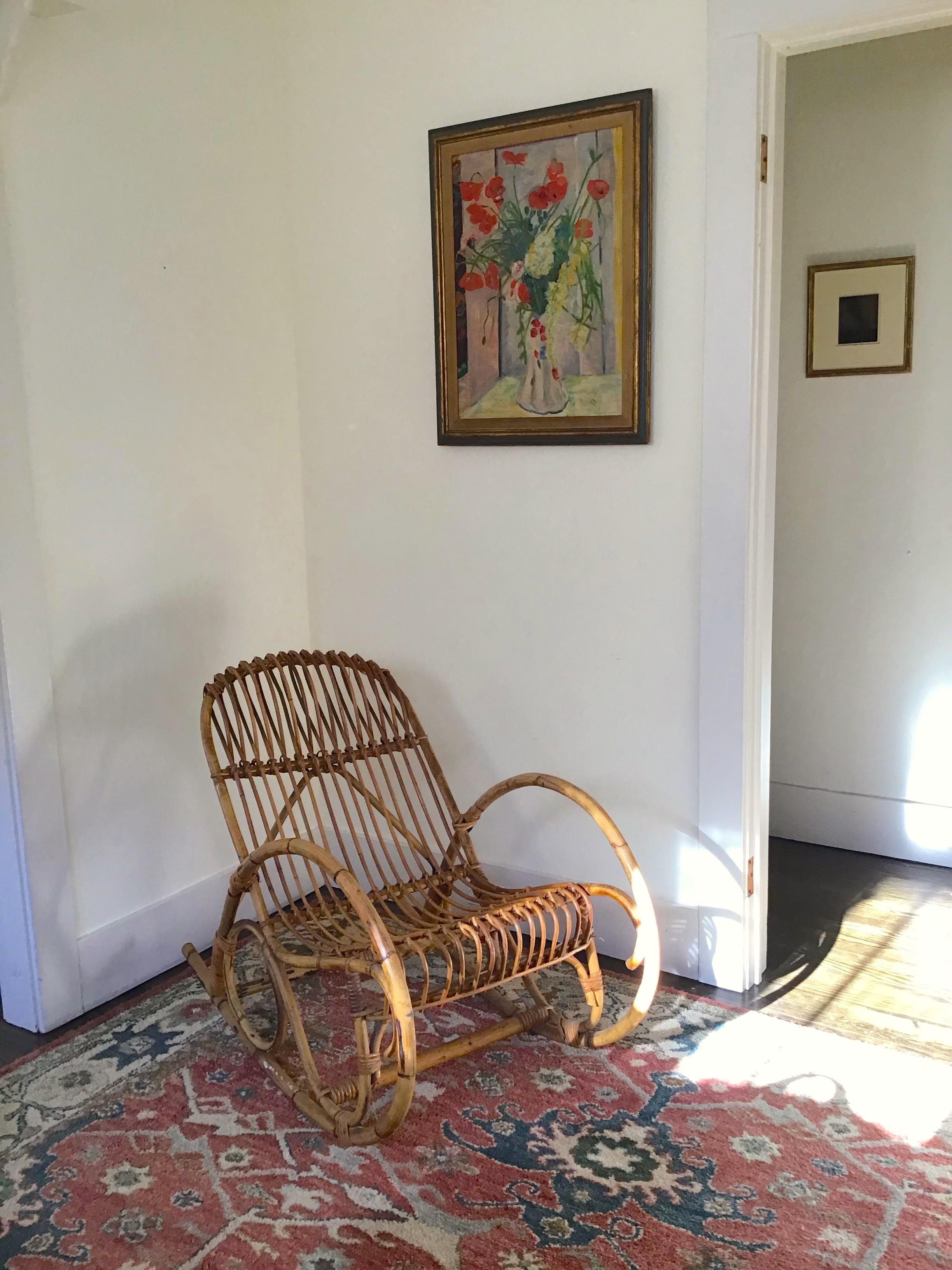 Rattan Rocking Chair Franco Albini Style Mid Century In Good Condition In East Hampton, NY