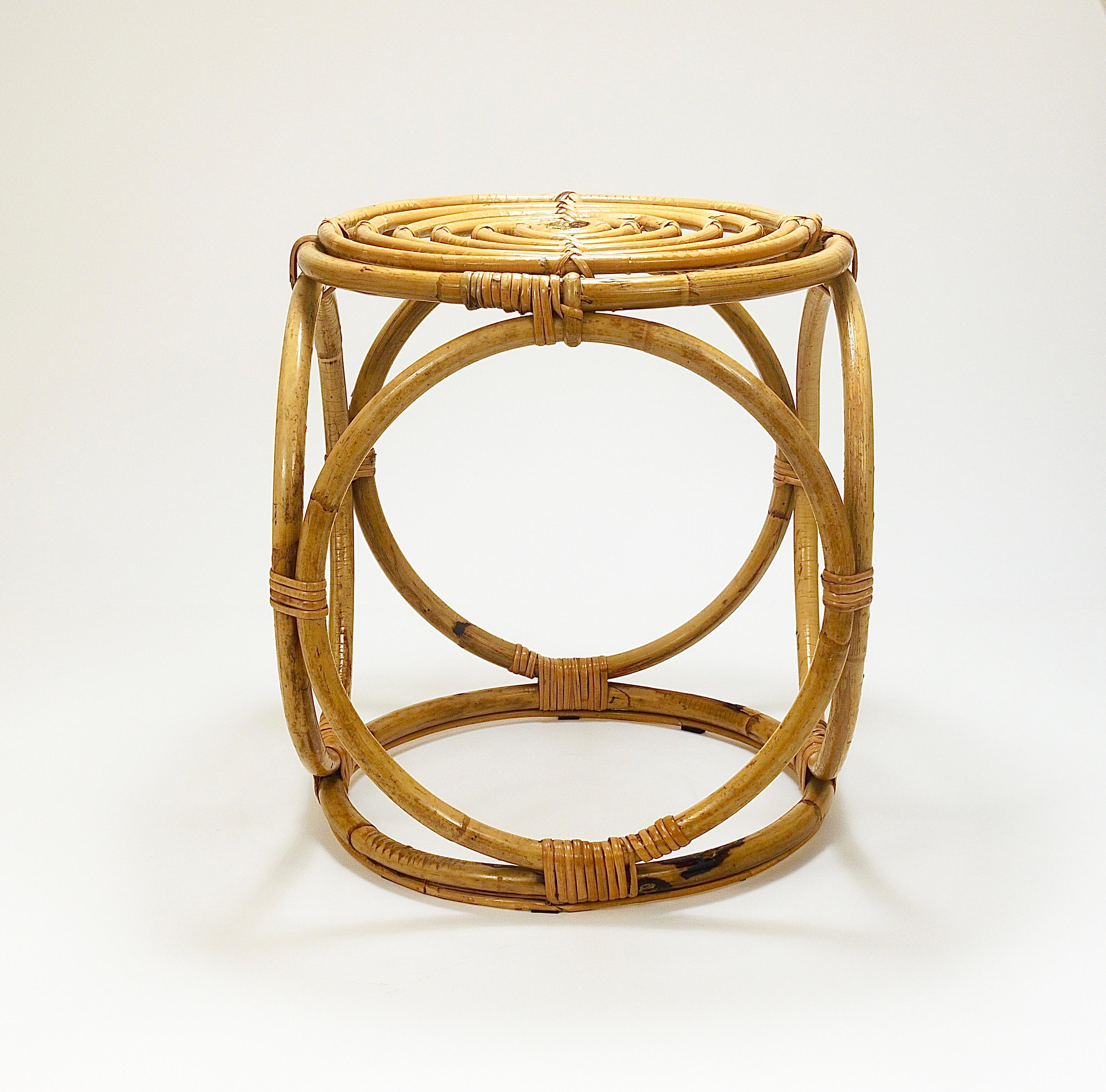 Franco Albini Style Midcentury Rattan Bamboo Stool, Side Table, France, 1950s 5