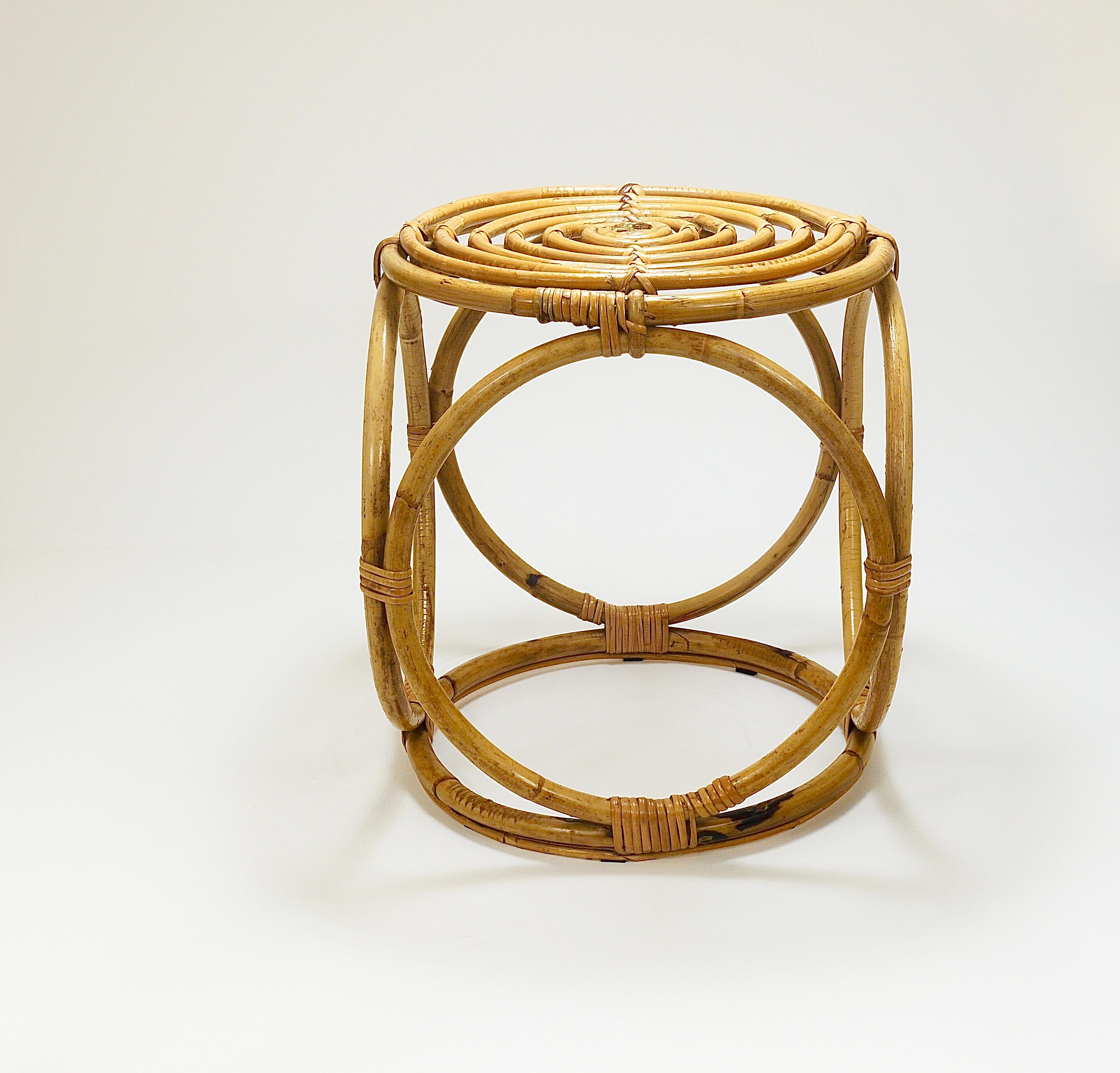 Franco Albini Style Midcentury Rattan Bamboo Stool, Side Table, France, 1950s 6