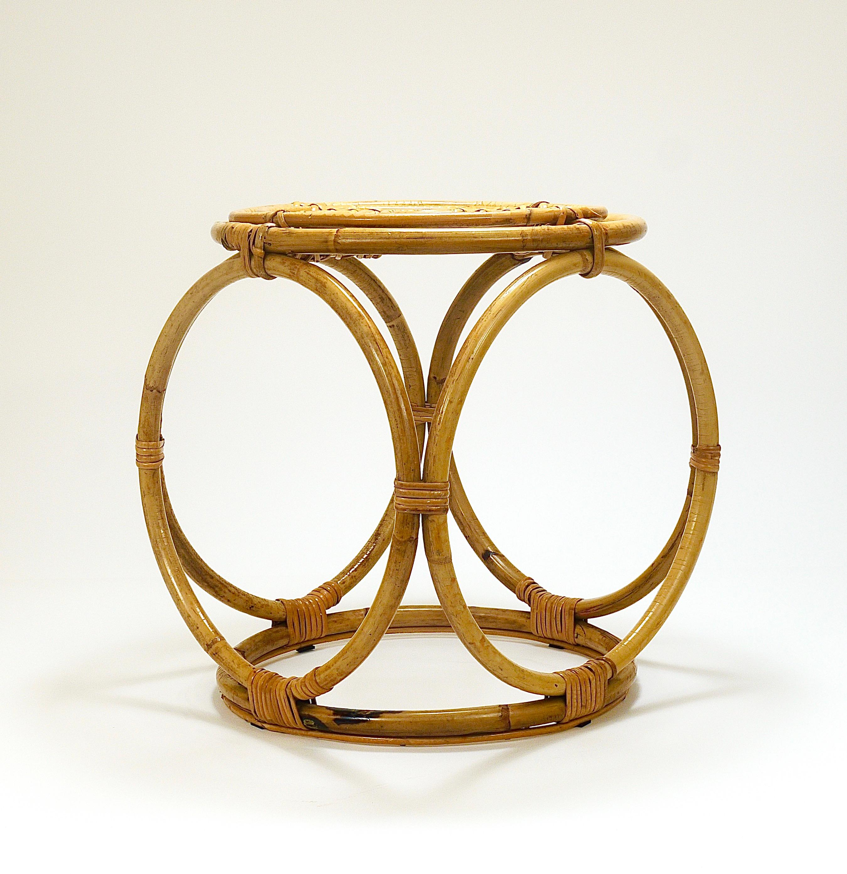 Franco Albini Style Midcentury Rattan Bamboo Stool, Side Table, France, 1950s 7