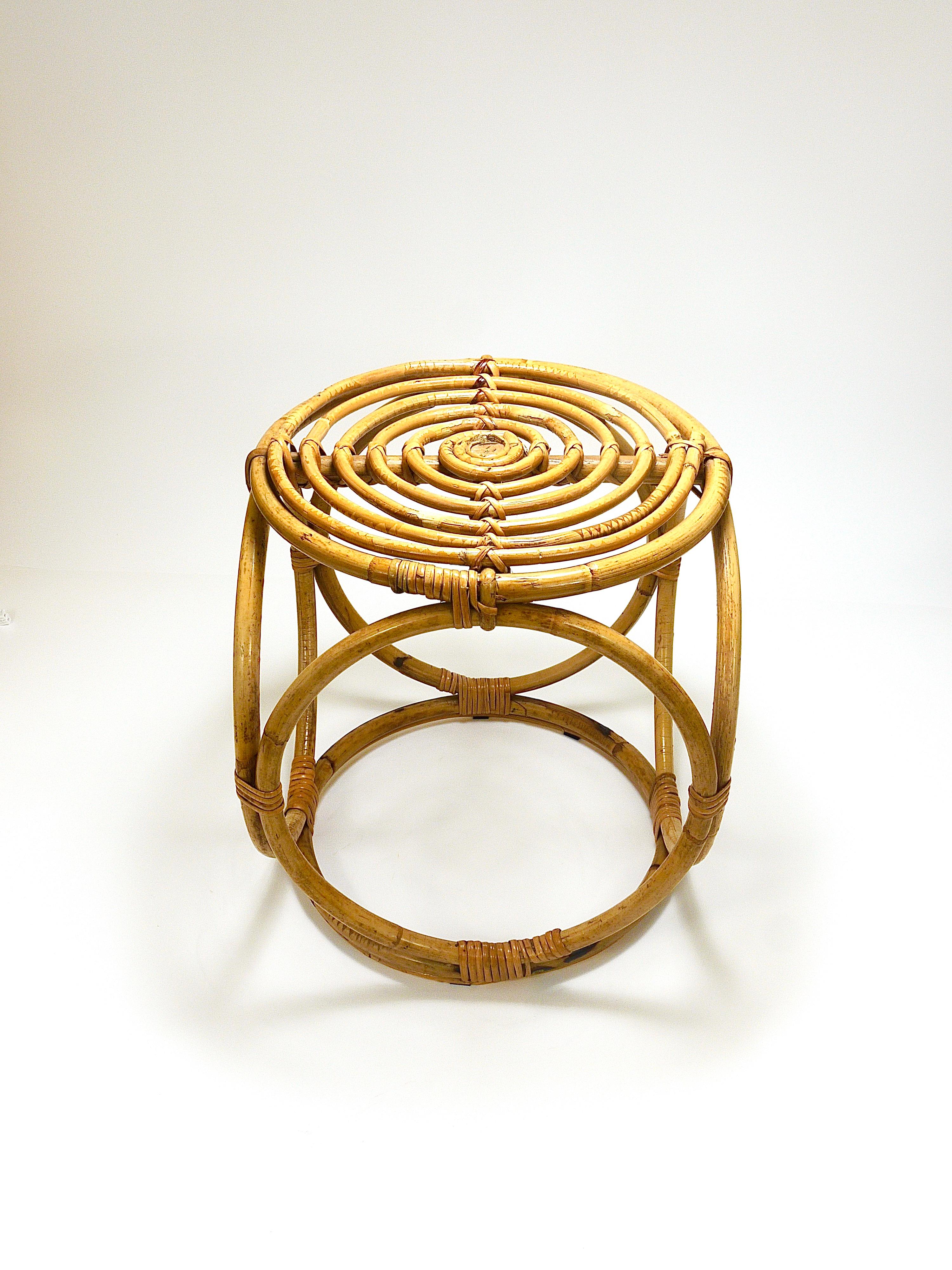 Franco Albini Style Midcentury Rattan Bamboo Stool, Side Table, France, 1950s 8