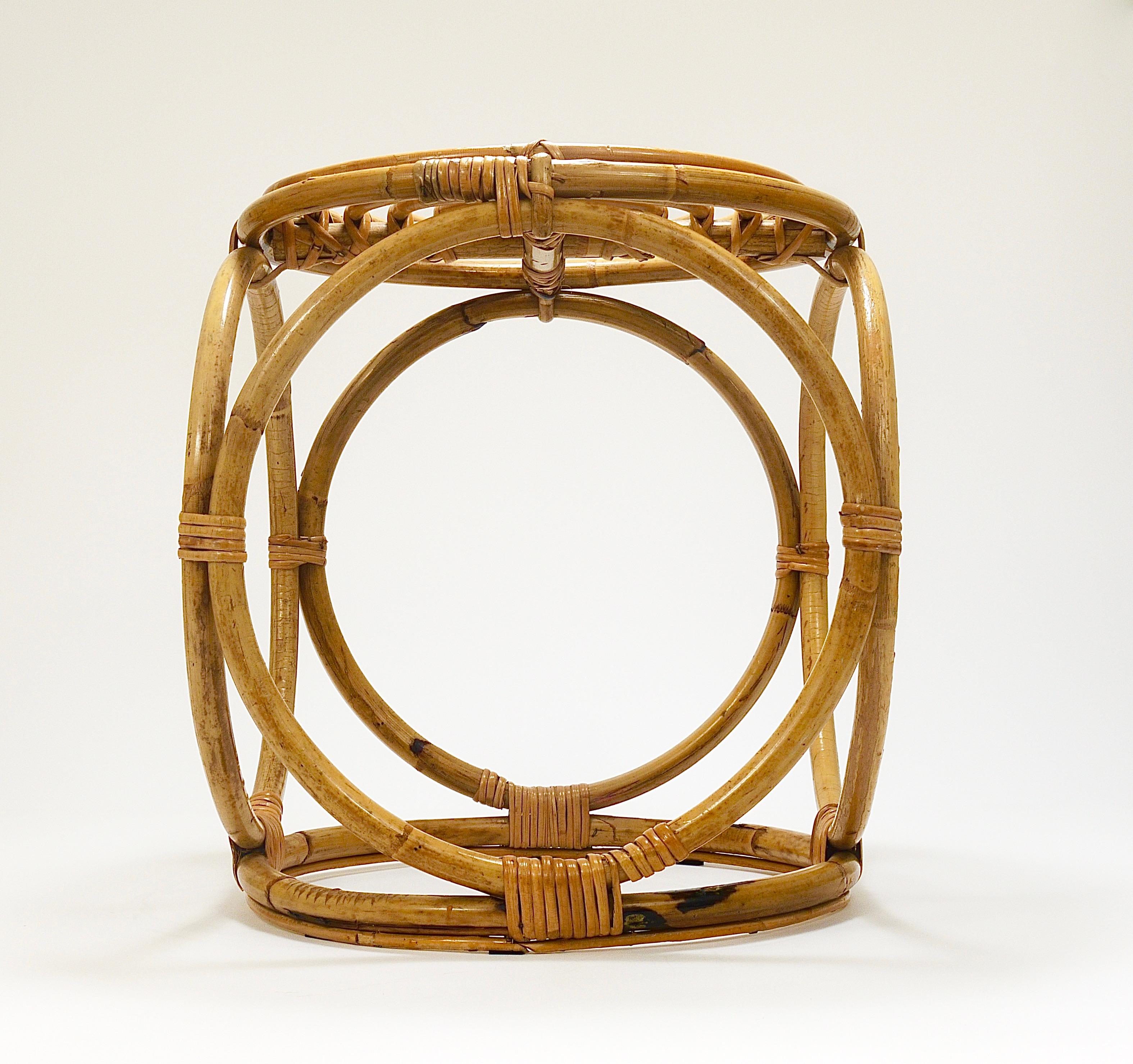 Franco Albini Style Midcentury Rattan Bamboo Stool, Side Table, France, 1950s 11