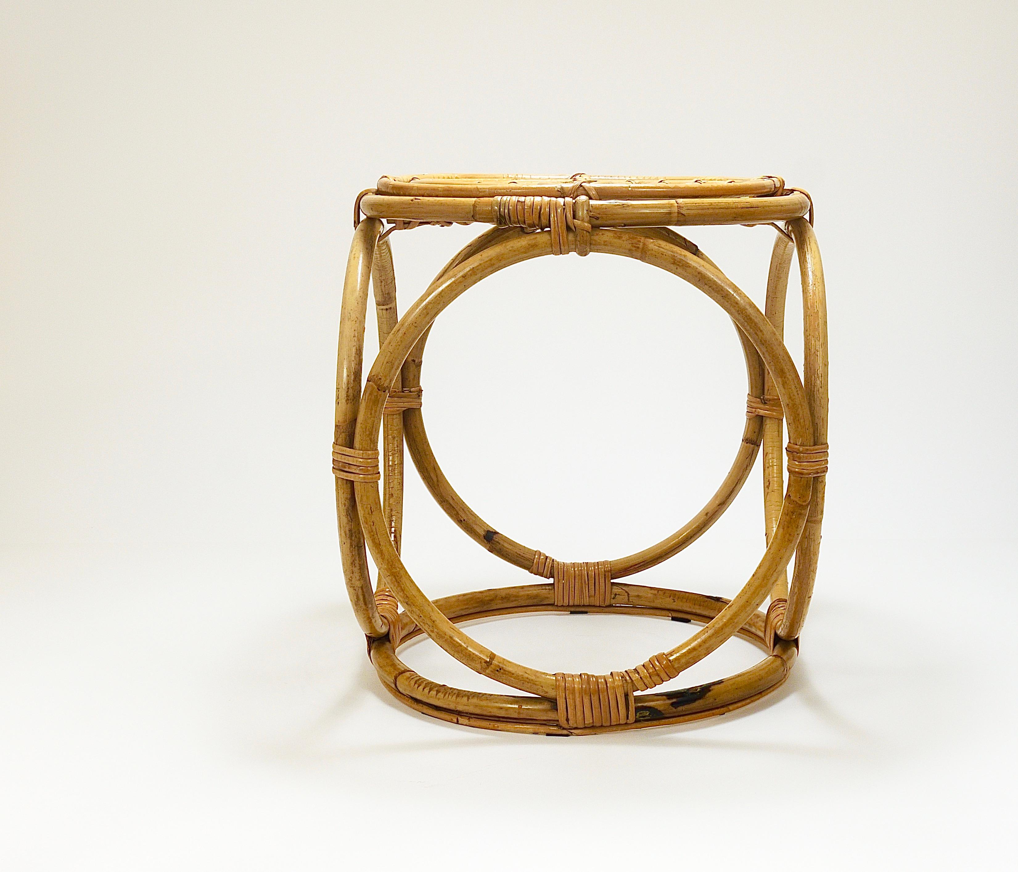 Franco Albini Style Midcentury Rattan Bamboo Stool, Side Table, France, 1950s 1