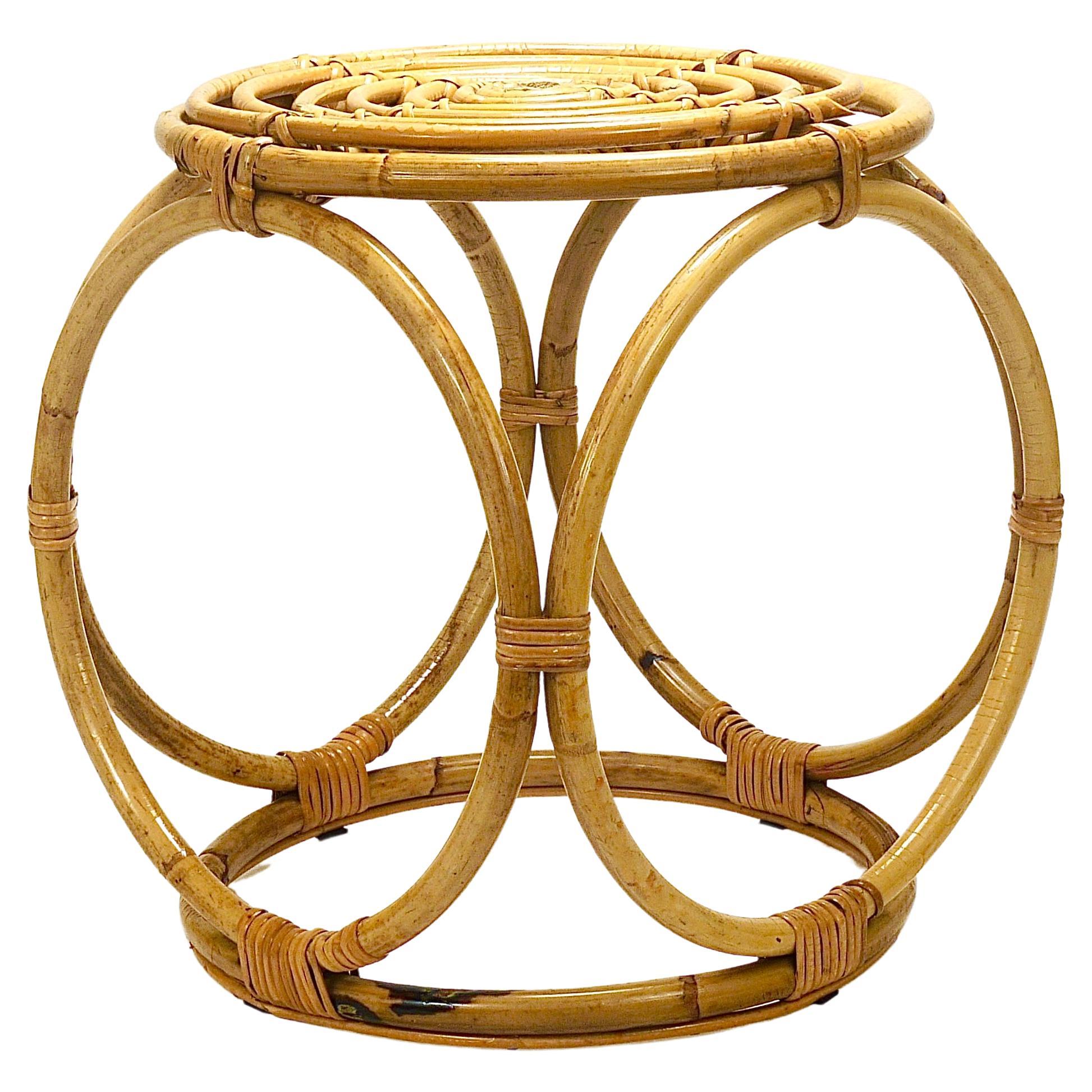 Franco Albini Style Midcentury Rattan Bamboo Stool, Side Table, France, 1950s