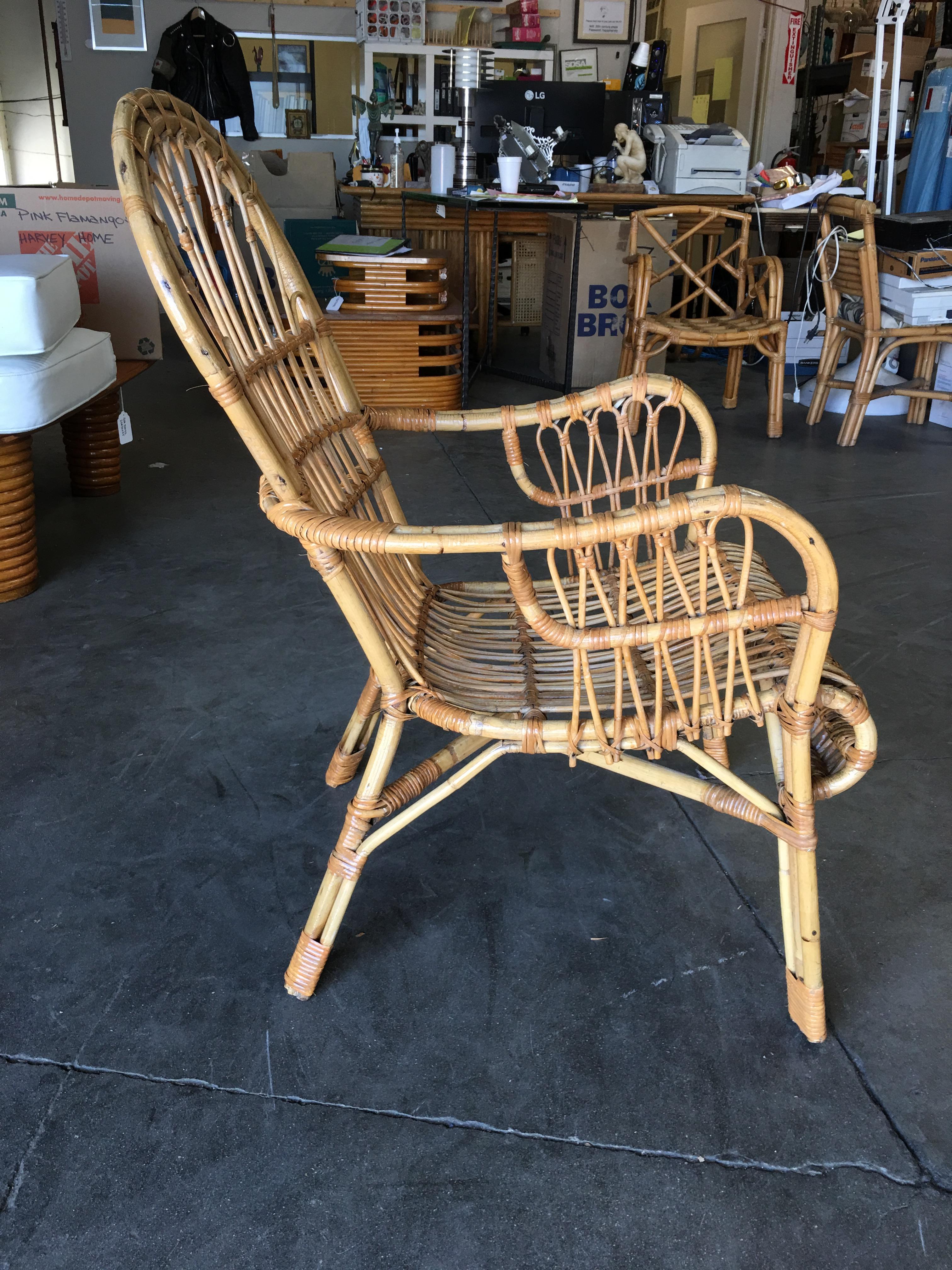 Mid-Century Modern Basket Woven Mid-century Stick Rattan Lounge Chair