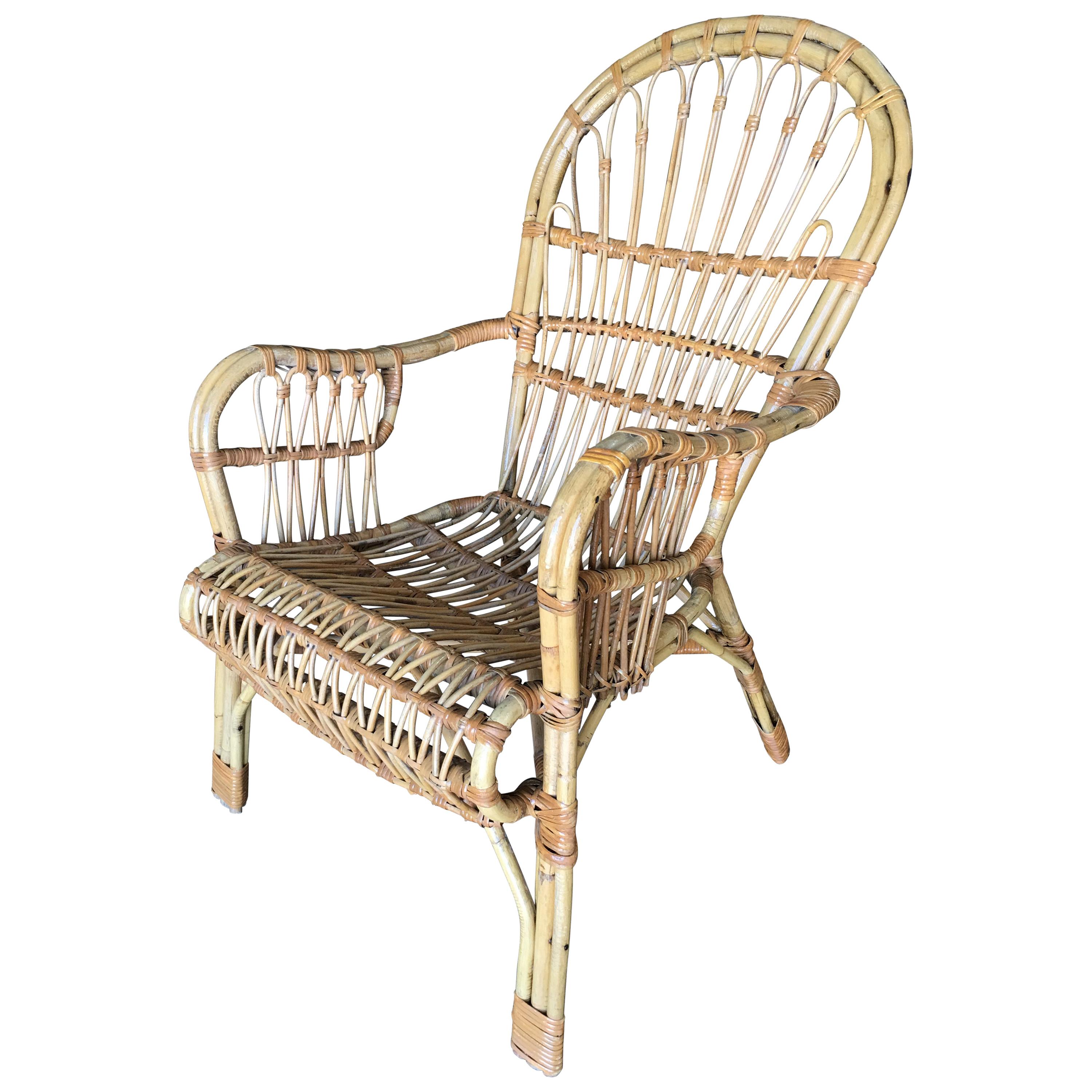 Basket Woven Mid-century Stick Rattan Lounge Chair