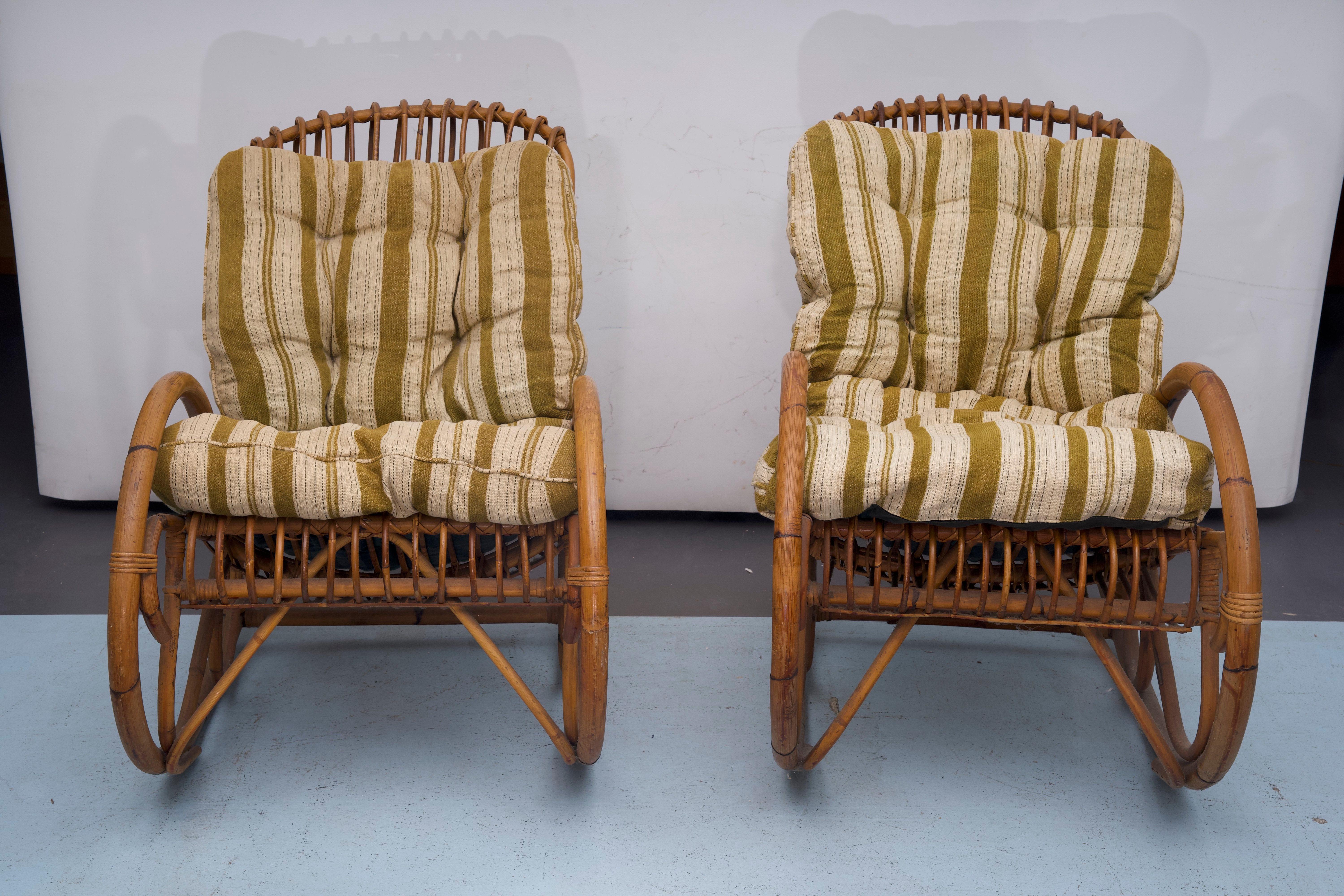 Estilo Franco Albini, pareja de mecedoras de ratán y bambú. Italia años 50 en venta 9