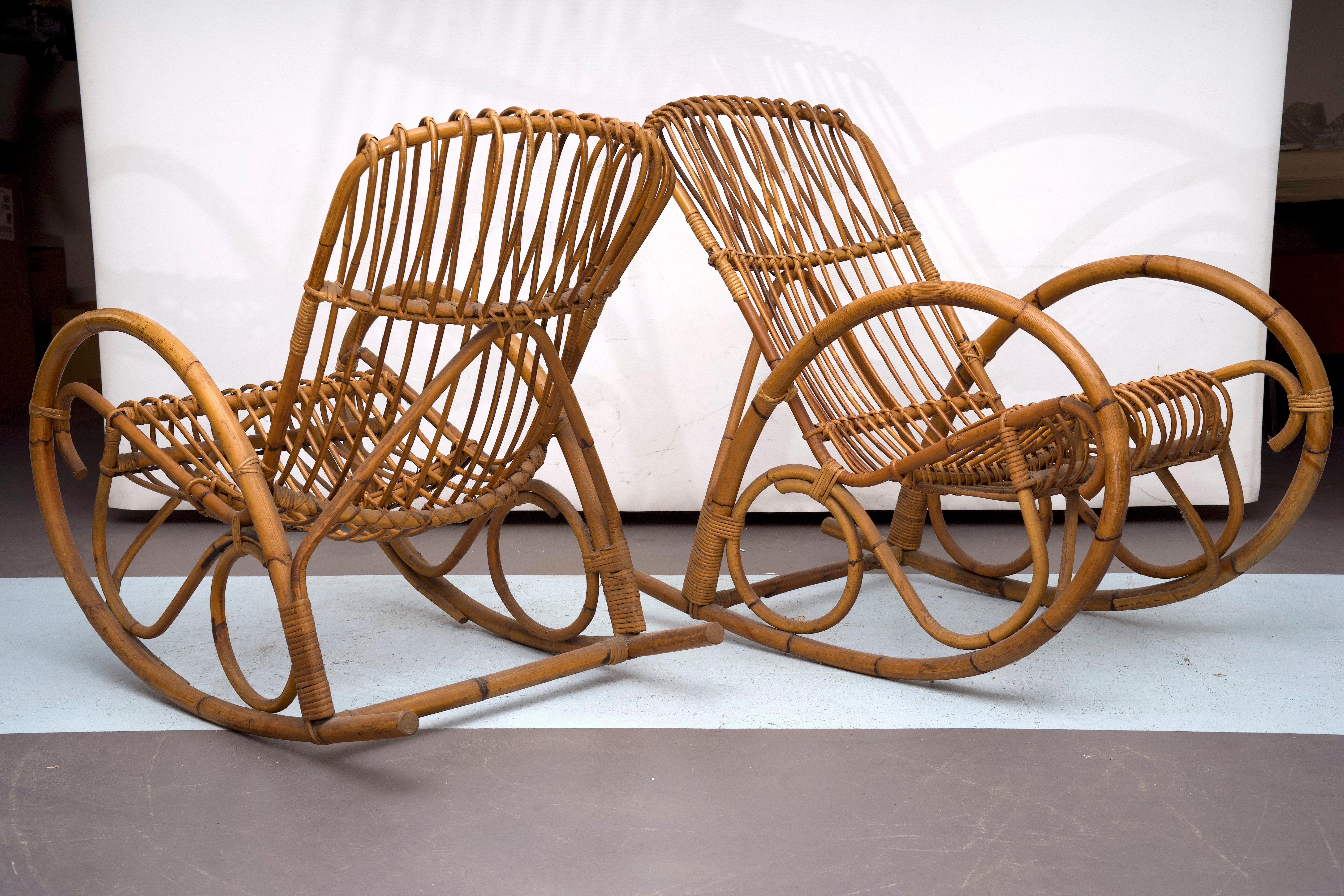 Estilo Franco Albini, pareja de mecedoras de ratán y bambú. Italia años 50 Italiano en venta