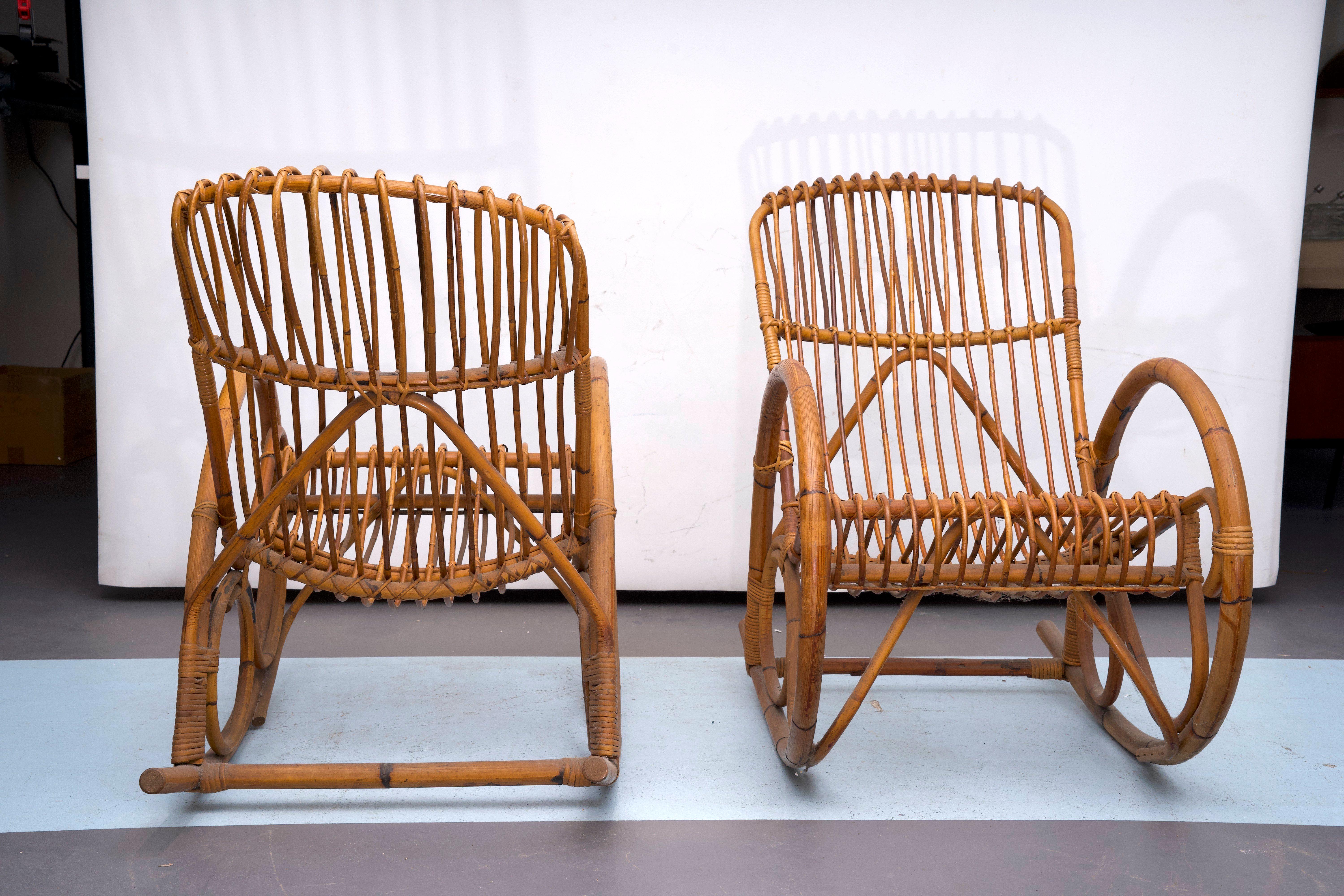 Estilo Franco Albini, pareja de mecedoras de ratán y bambú. Italia años 50 Bambú en venta