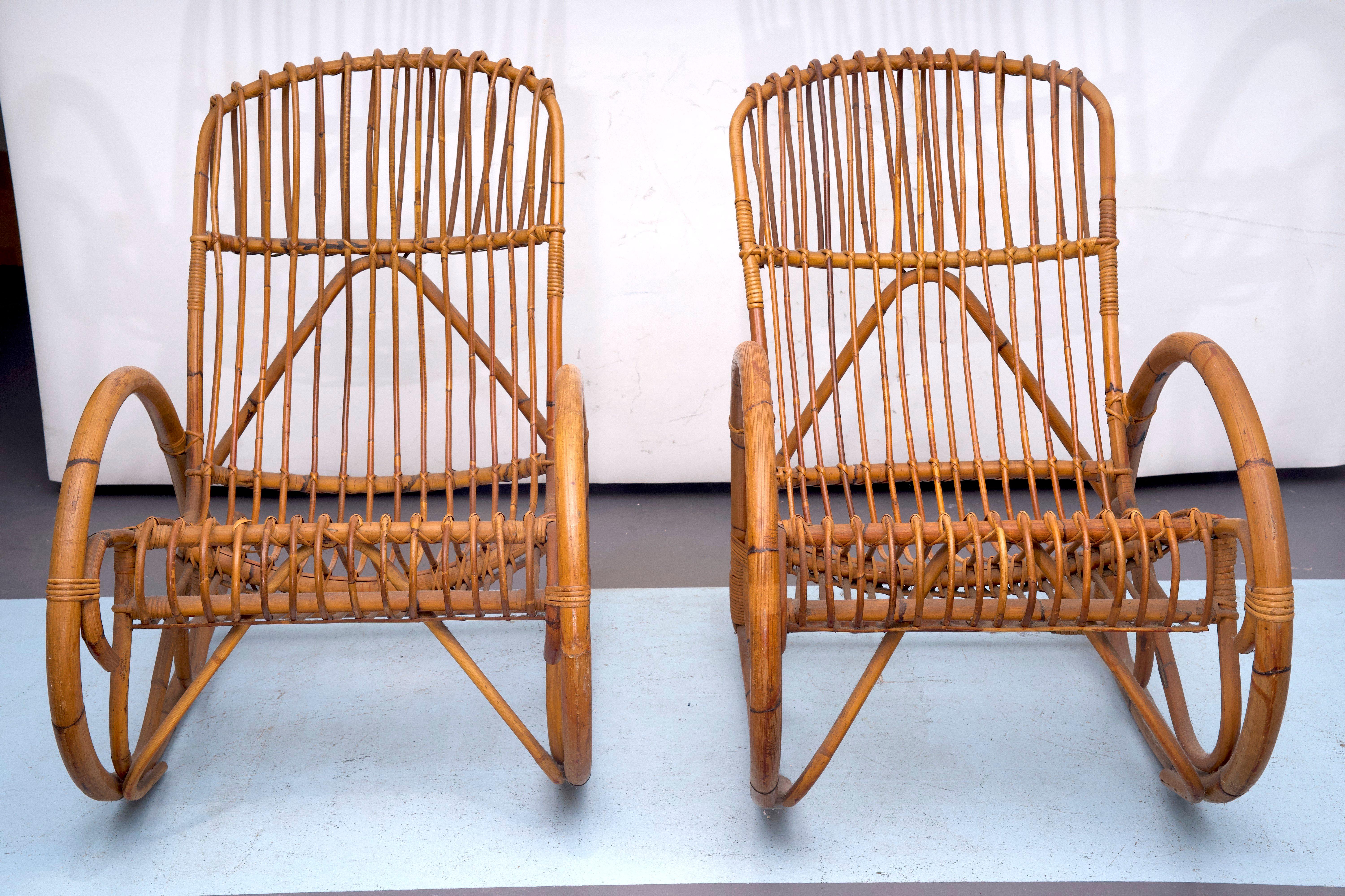 Estilo Franco Albini, pareja de mecedoras de ratán y bambú. Italia años 50 en venta 1