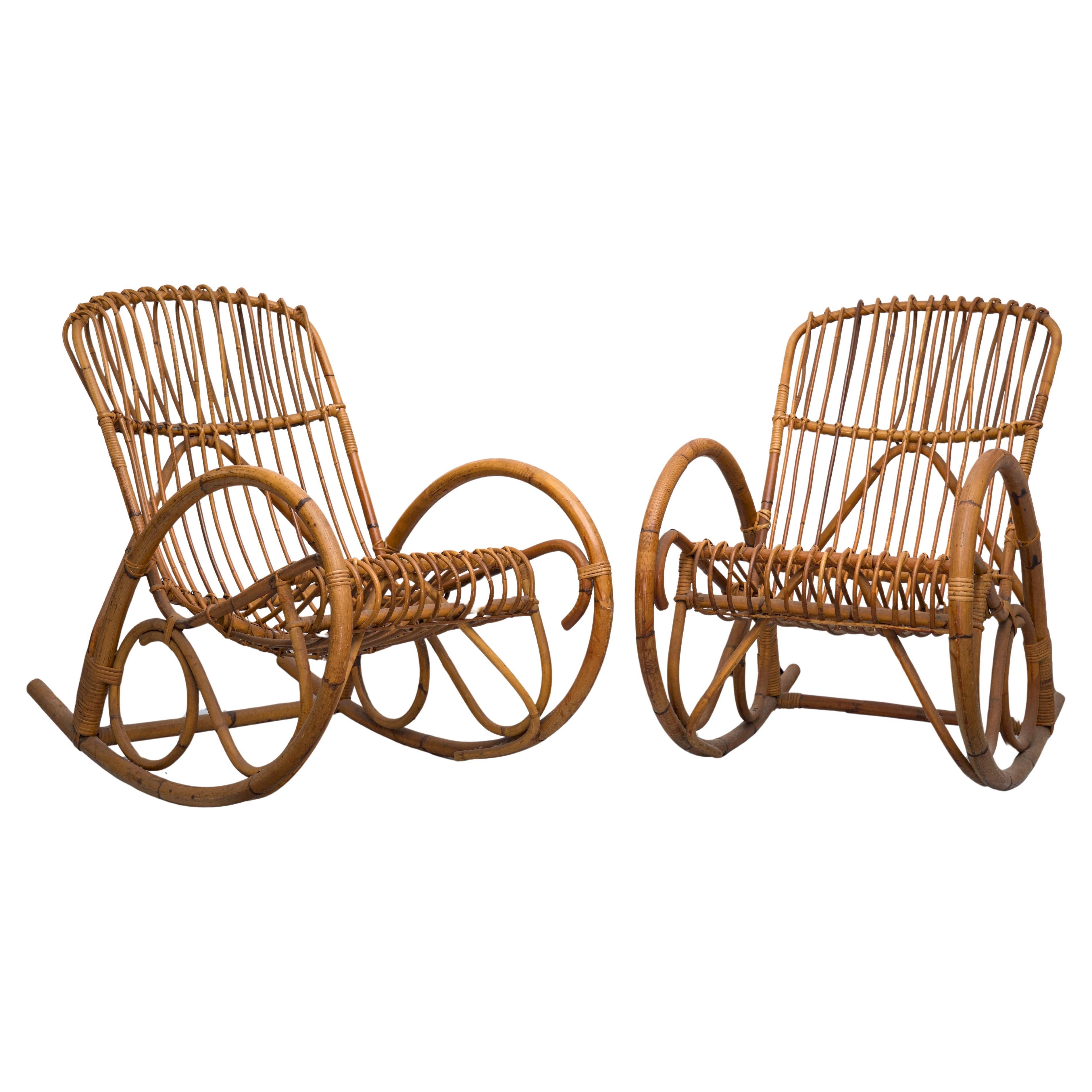Franco Albini style, pair of rattan and bamboo rocking chairs. Italy 1950s