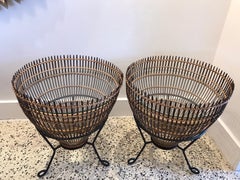 Franco Albini Style Rattan 1960s Fishing Basket Side Tables, Pair