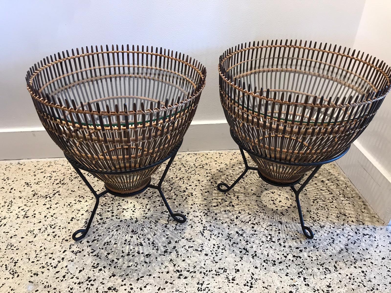 Franco Albini Style Rattan 1960s Fishing Basket Side Tables, Pair In Good Condition In East Hampton, NY