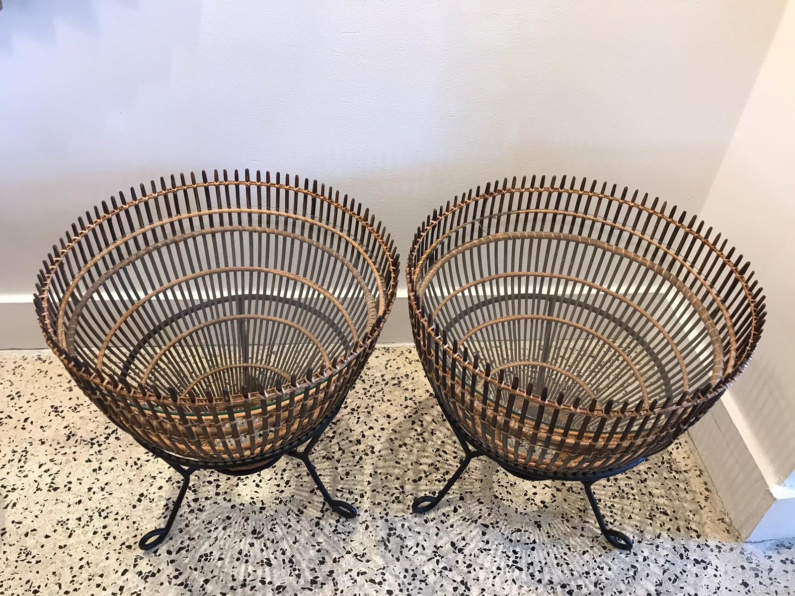 Mid-20th Century Franco Albini Style Rattan 1960s Fishing Basket Side Tables, Pair