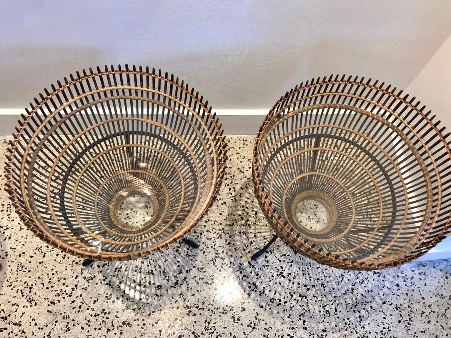 Metal Franco Albini Style Rattan 1960s Fishing Basket Side Tables, Pair