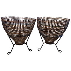 Franco Albini Style Rattan 1960s Fishing Basket Side Tables, Pair