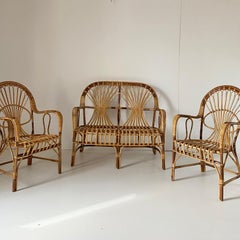Franco Albini Style Rattan and Bamboo Sofa Set, Italy, 1970s Design