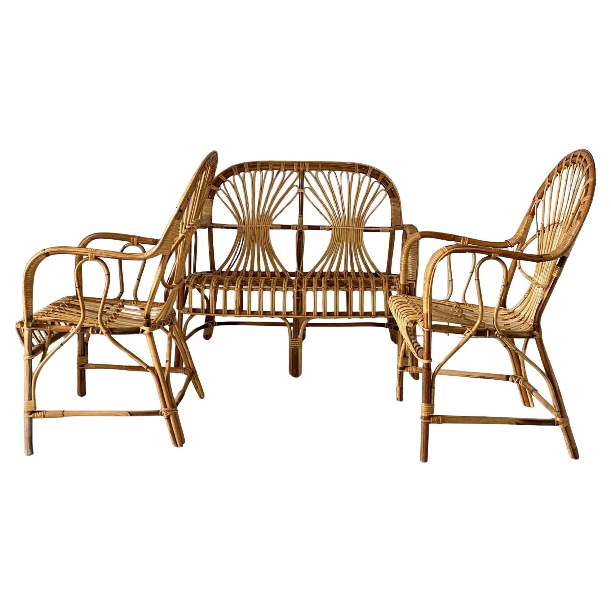 Franco Albini Style Rattan and Bamboo Sofa Set, Italy, 1970s Design For Sale