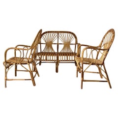 Franco Albini Style Rattan and Bamboo Sofa Set, Italy, 1970s Design