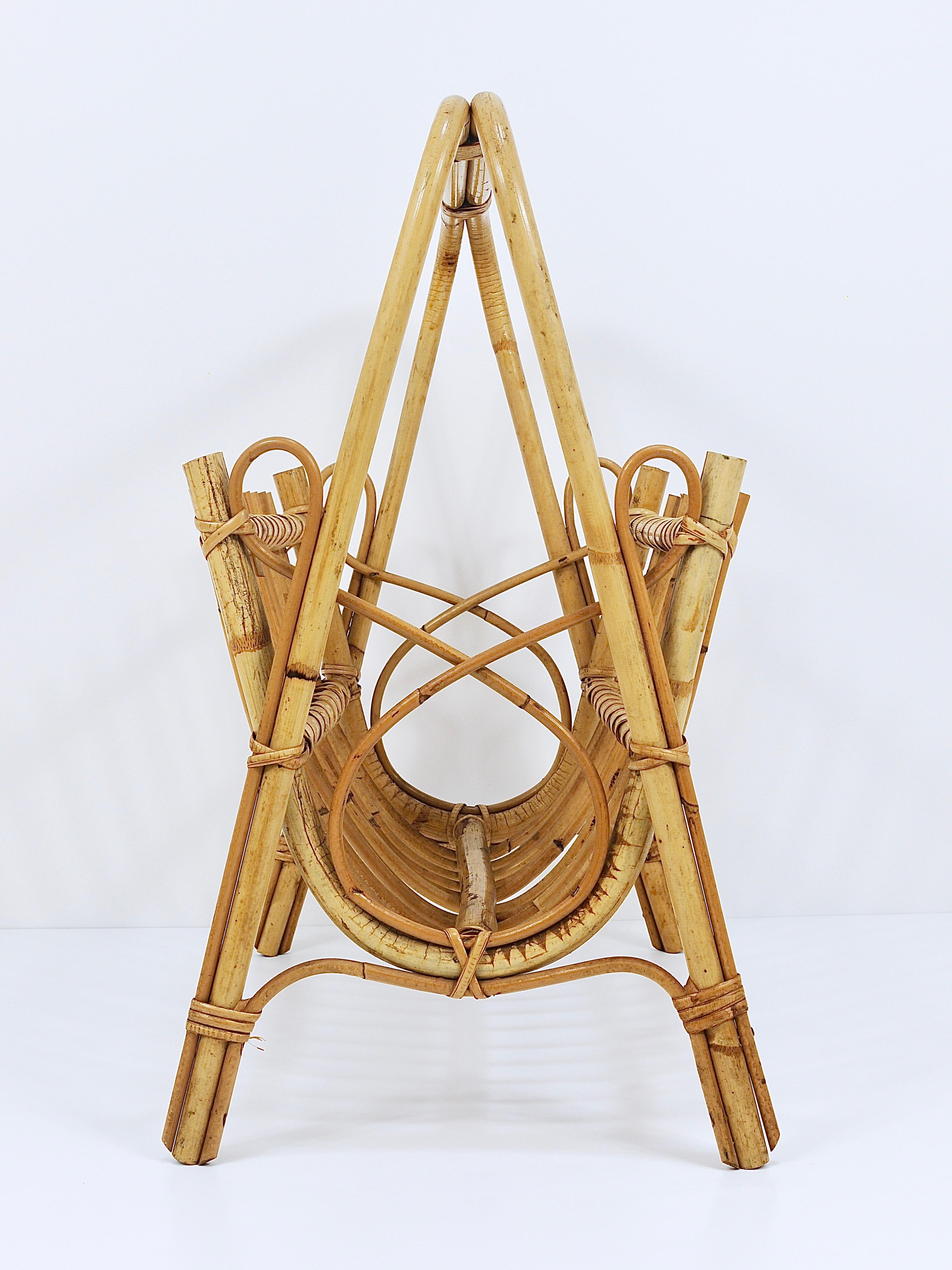 Franco Albini Style Rattan Bamboo Magazine Rack Newspaper Stand, France, 1950s For Sale 6