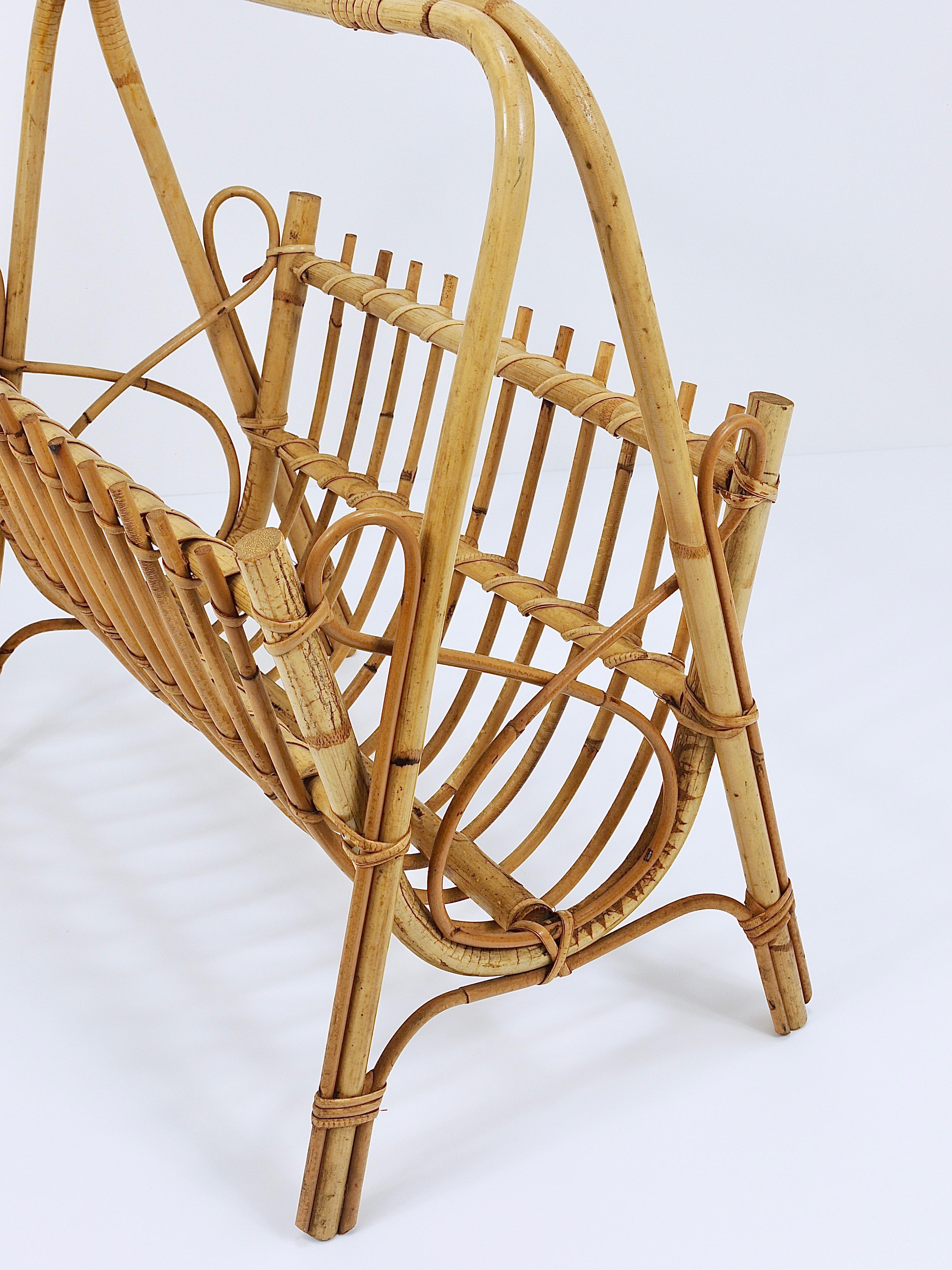 Franco Albini Style Rattan Bamboo Magazine Rack Newspaper Stand, France, 1950s For Sale 13